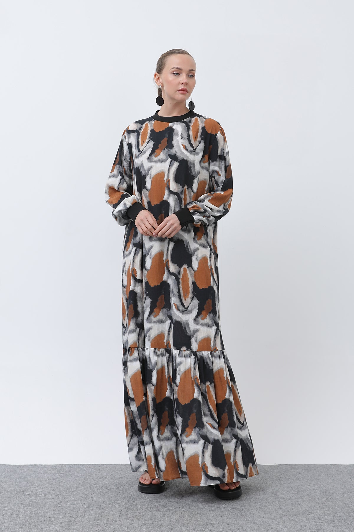 Kadın Yakası Ribanalı Desenli Elbise - 12606ELB