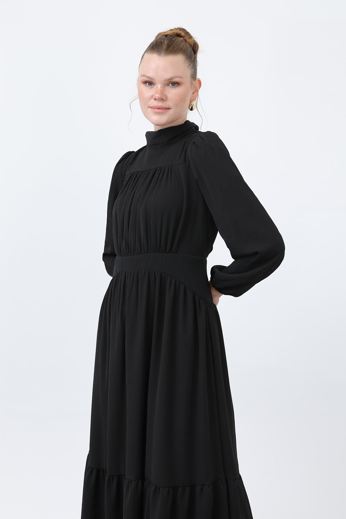 Kadın Drape Detaylı Yüksek Yaka Elbise - 12613ELB