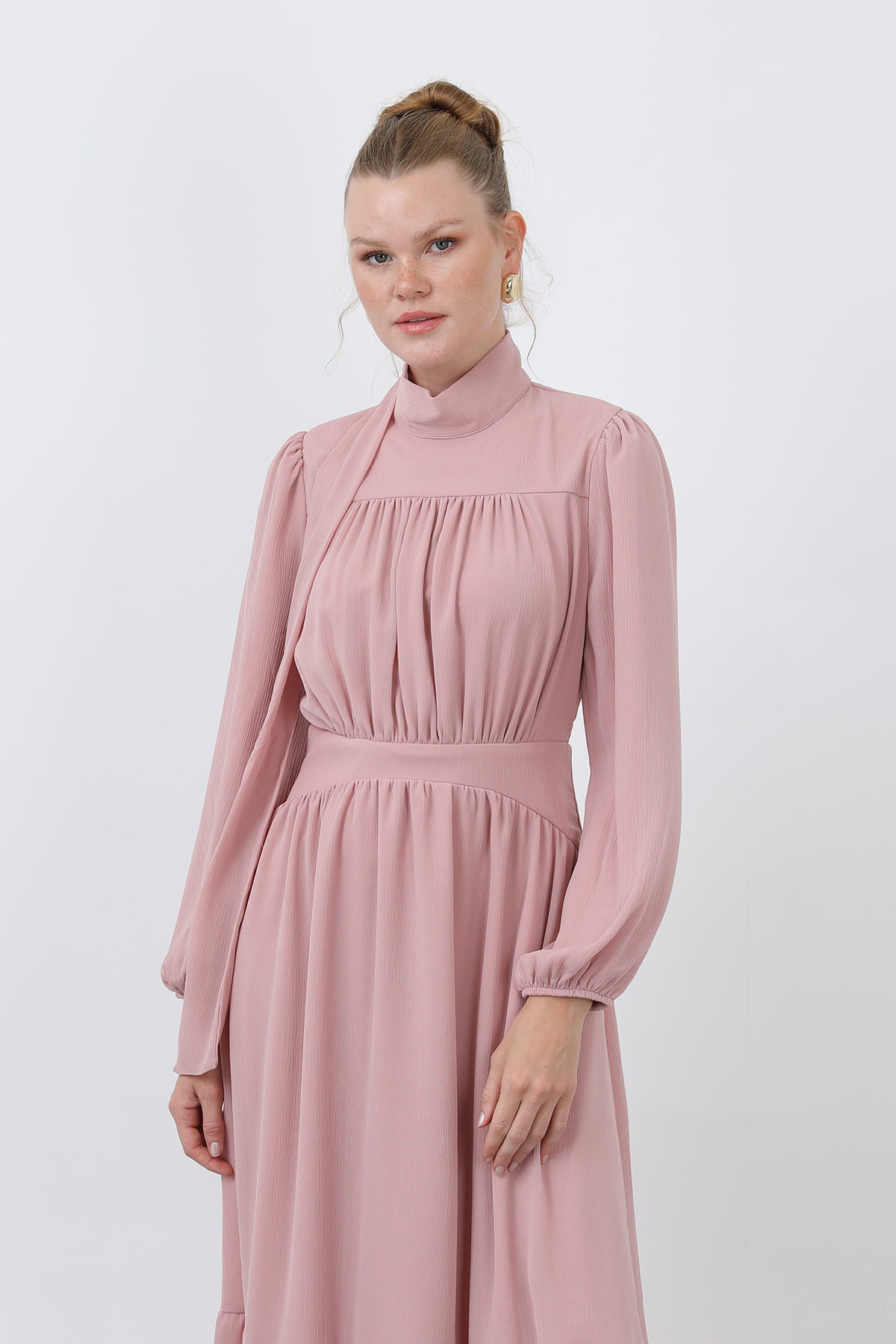 Kadın Drape Detaylı Yüksek Yaka Elbise - 12613ELB