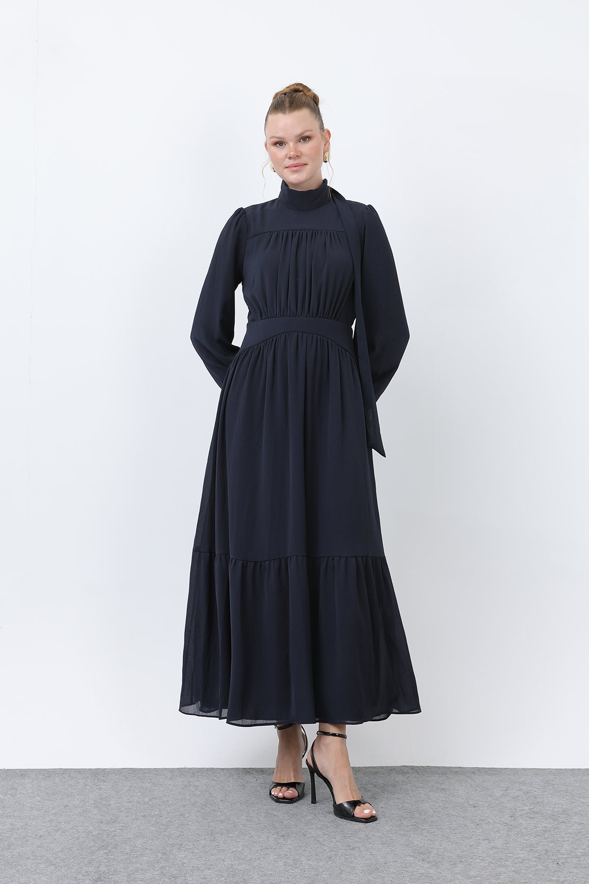 Kadın Drape Detaylı Yüksek Yaka Elbise - 12613ELB