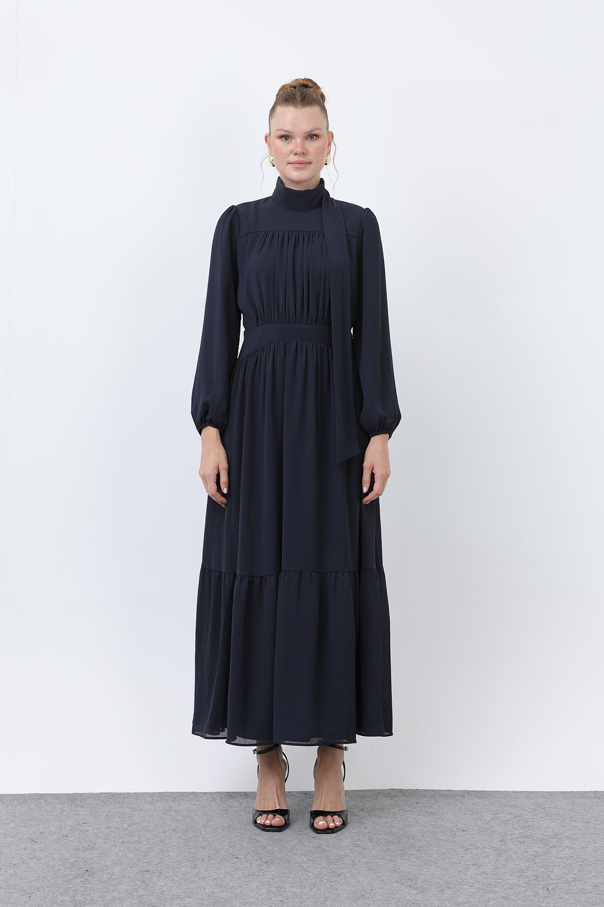 Kadın Drape Detaylı Yüksek Yaka Elbise - 12613ELB