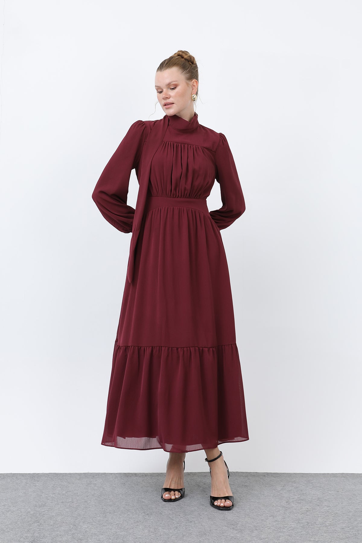 Kadın Drape Detaylı Yüksek Yaka Elbise - 12613ELB