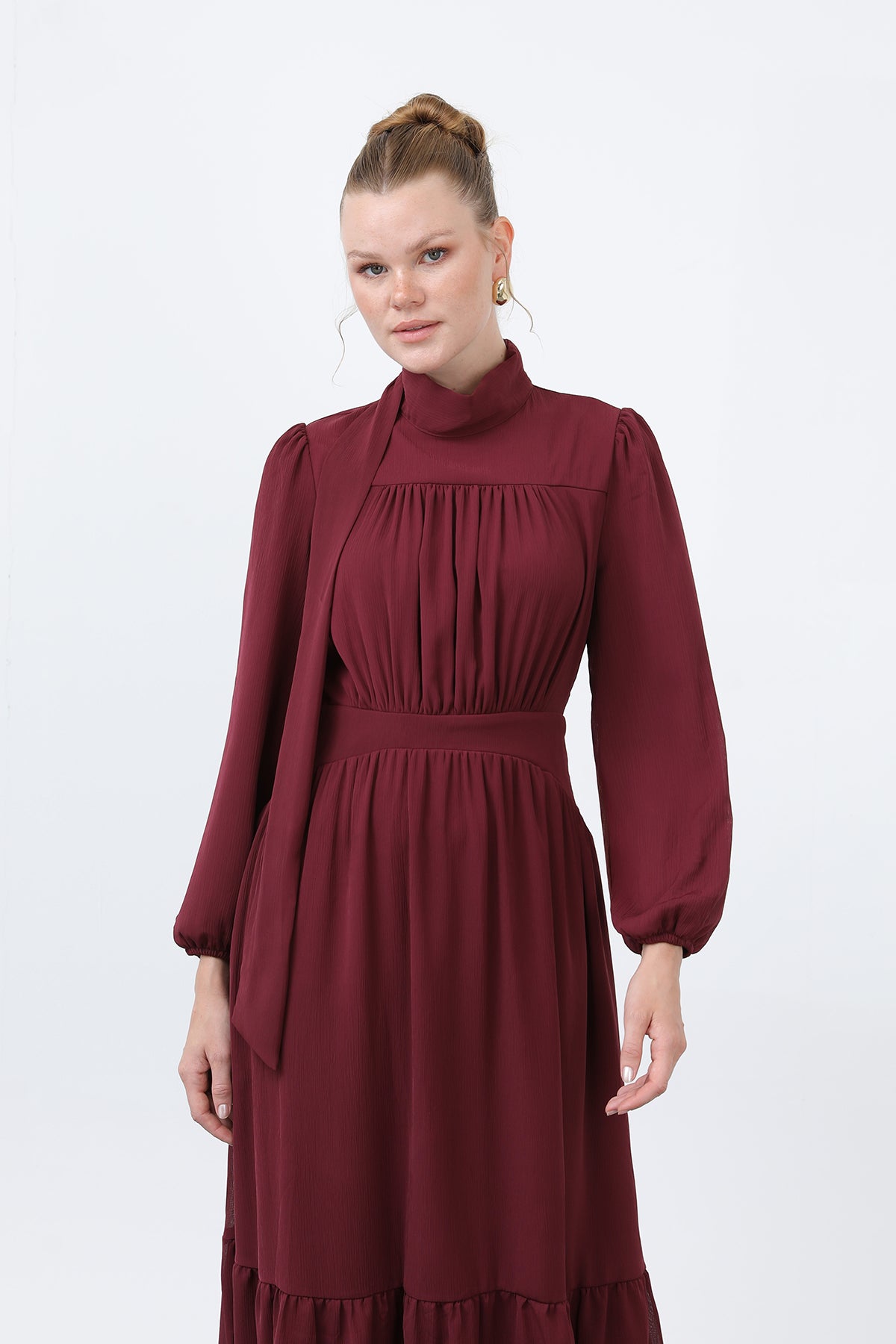 Kadın Drape Detaylı Yüksek Yaka Elbise - 12613ELB