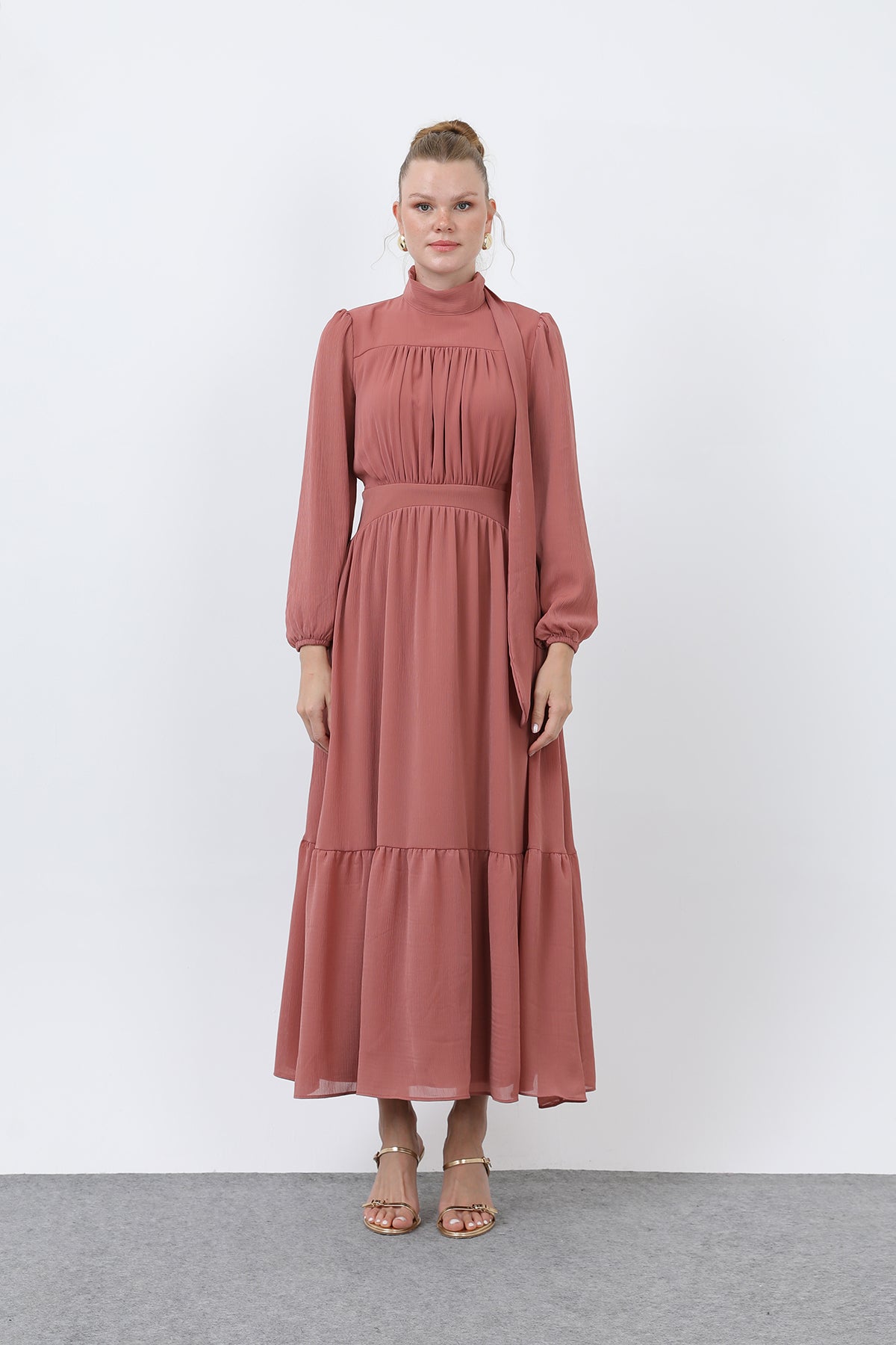 Kadın Drape Detaylı Yüksek Yaka Elbise - 12613ELB