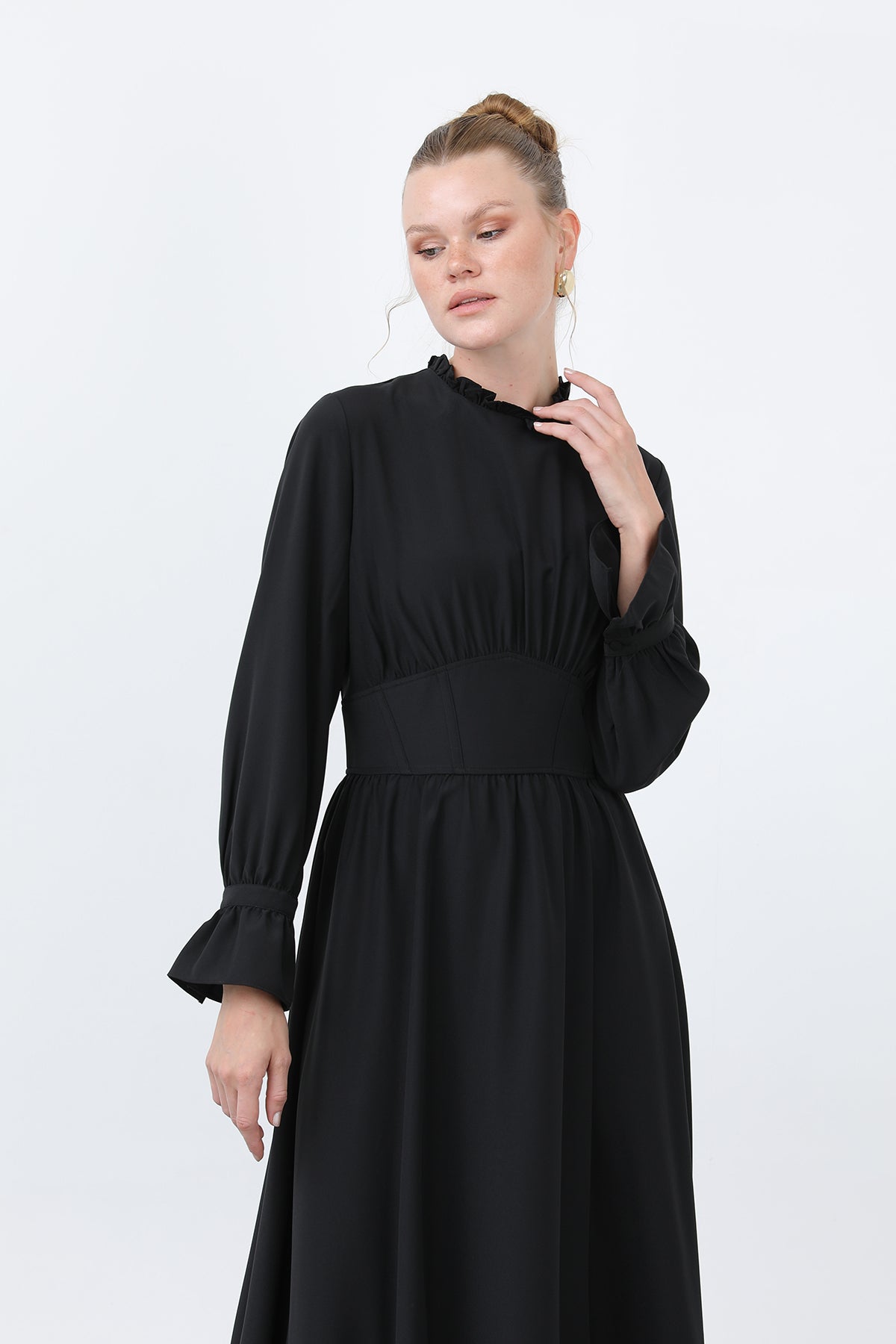 Kadın Beli Korsajlı Yakasıl Detaylı Elbise -12614ELB