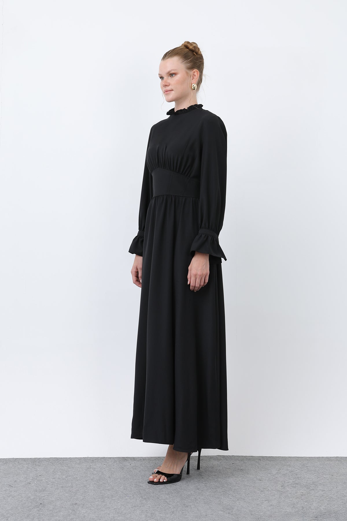 Kadın Beli Korsajlı Yakasıl Detaylı Elbise -12614ELB