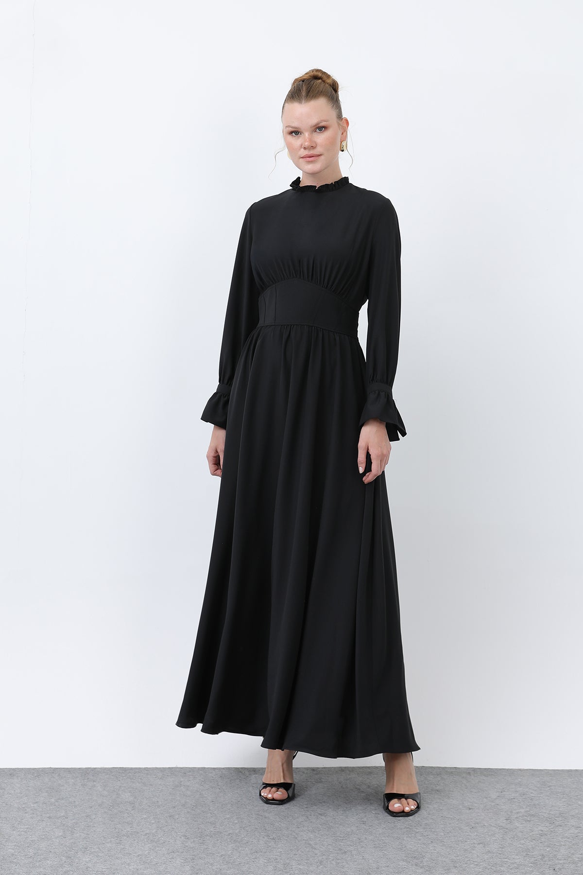 Kadın Beli Korsajlı Yakasıl Detaylı Elbise -12614ELB