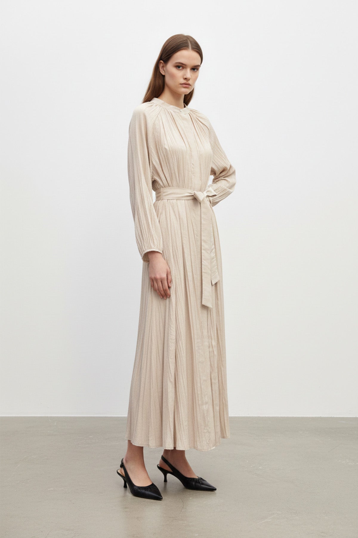 Kadın Yakası Pile Detaylı Kuşaklı Elbise - 12618ELB