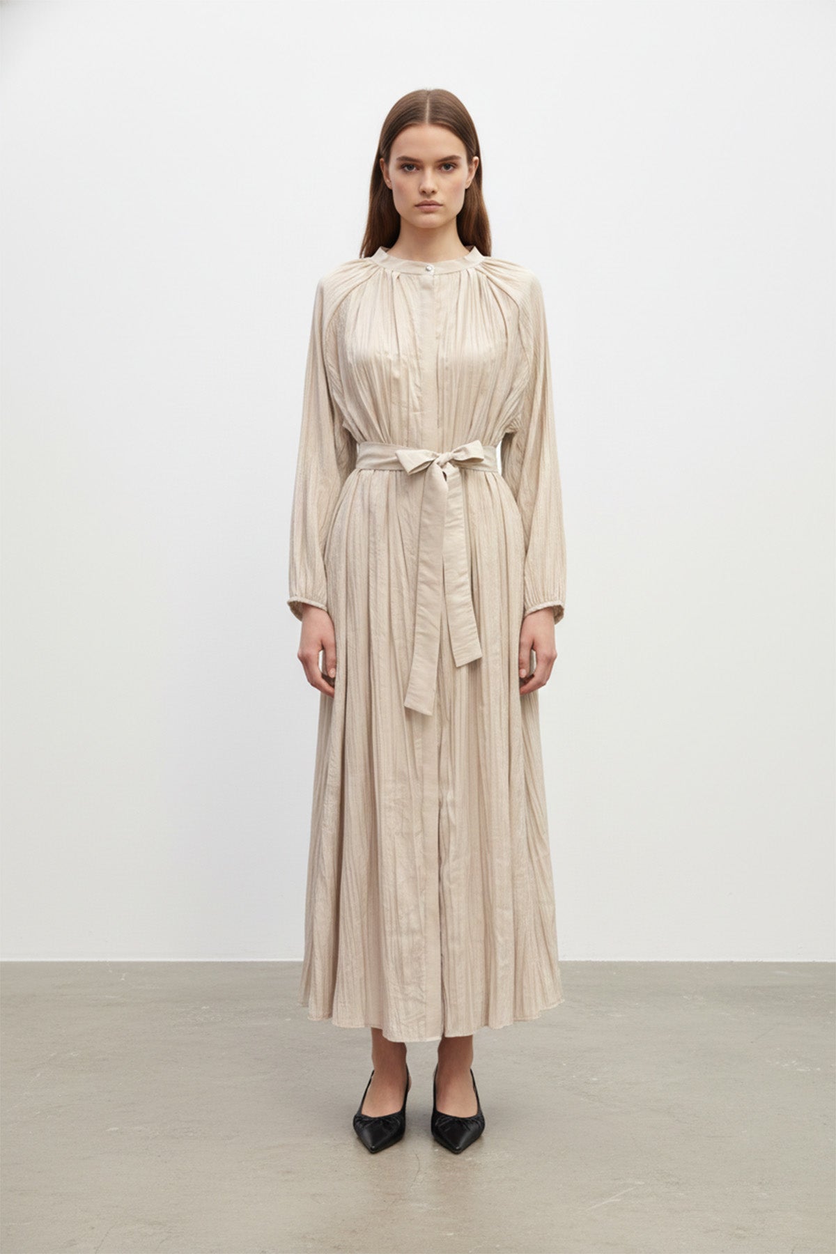 Kadın Yakası Pile Detaylı Kuşaklı Elbise - 12618ELB