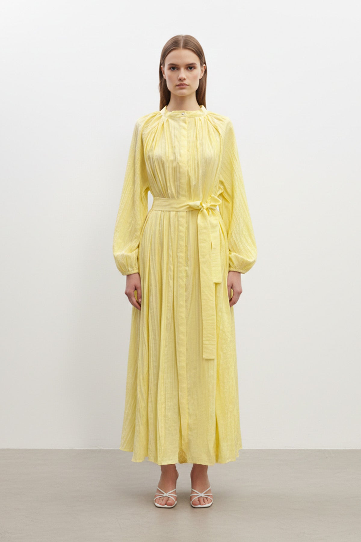 Kadın Yakası Pile Detaylı Kuşaklı Elbise - 12618ELB