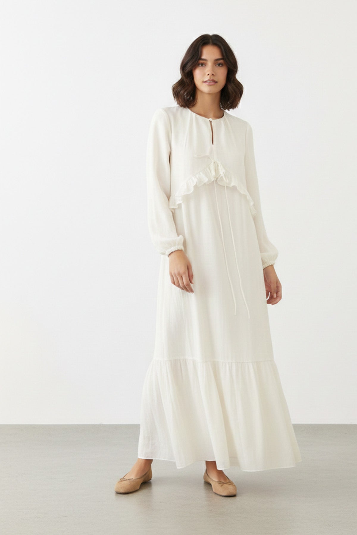 Kadın Uzun Kollu Fırfır Detaylı Salaş Elbise - 12638ELB