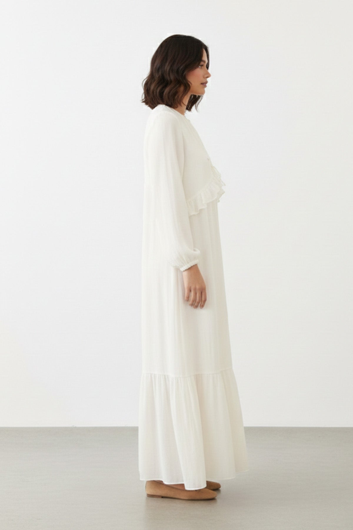 Kadın Uzun Kollu Fırfır Detaylı Salaş Elbise - 12638ELB