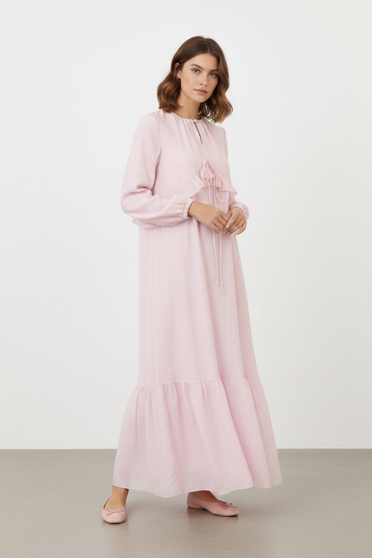 Kadın Uzun Kollu Fırfır Detaylı Salaş Elbise - 12638ELB