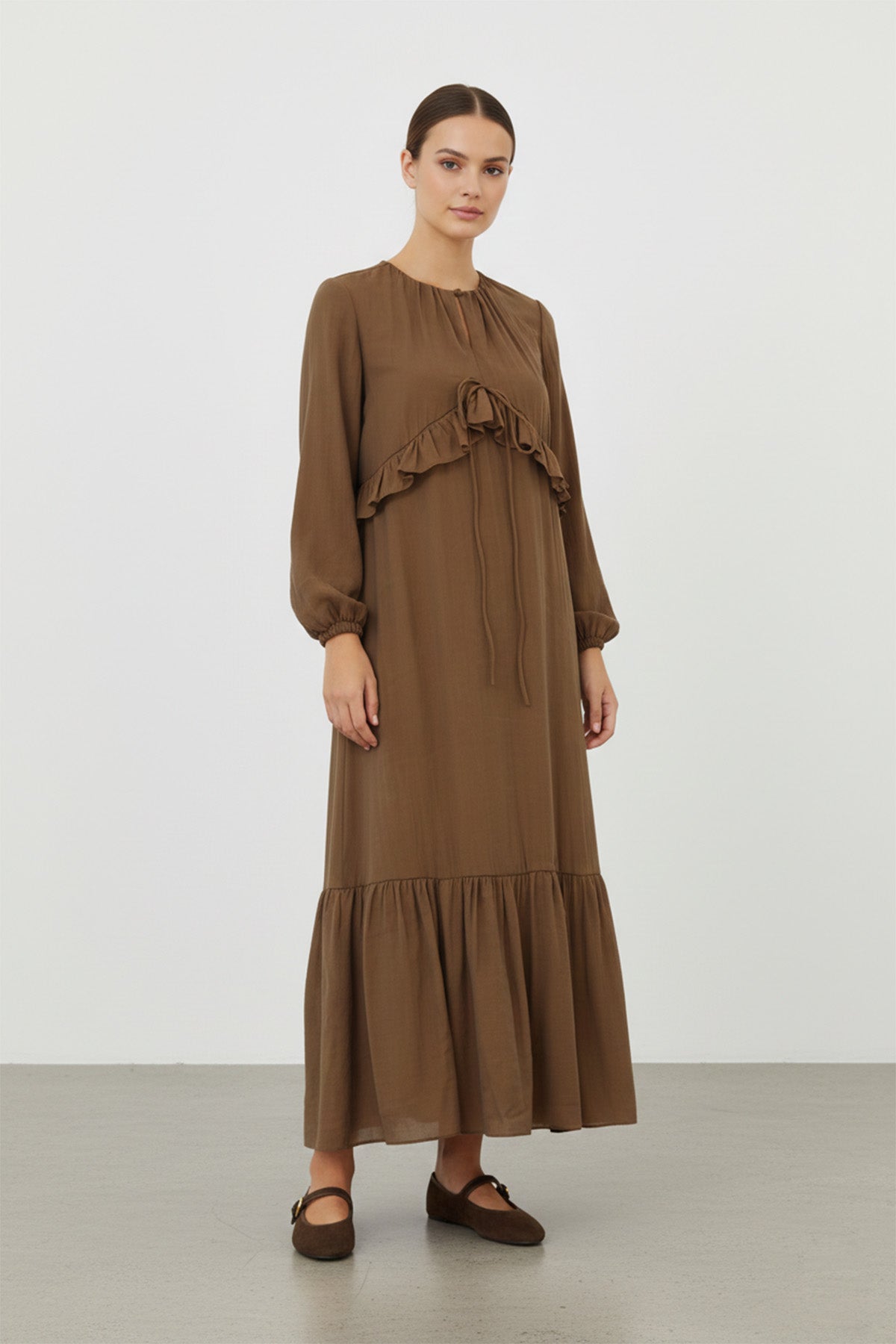 Kadın Uzun Kollu Fırfır Detaylı Salaş Elbise - 12638ELB