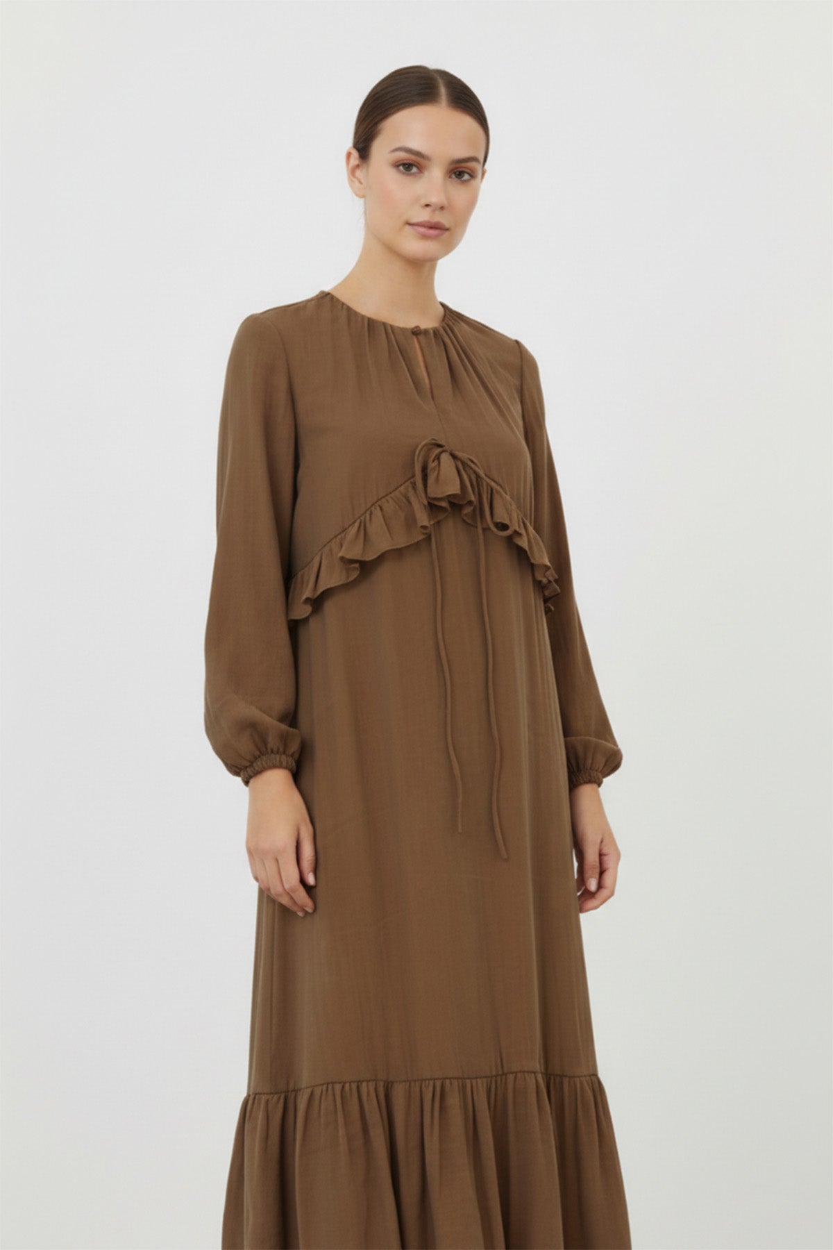 Kadın Uzun Kollu Fırfır Detaylı Salaş Elbise - 12638ELB