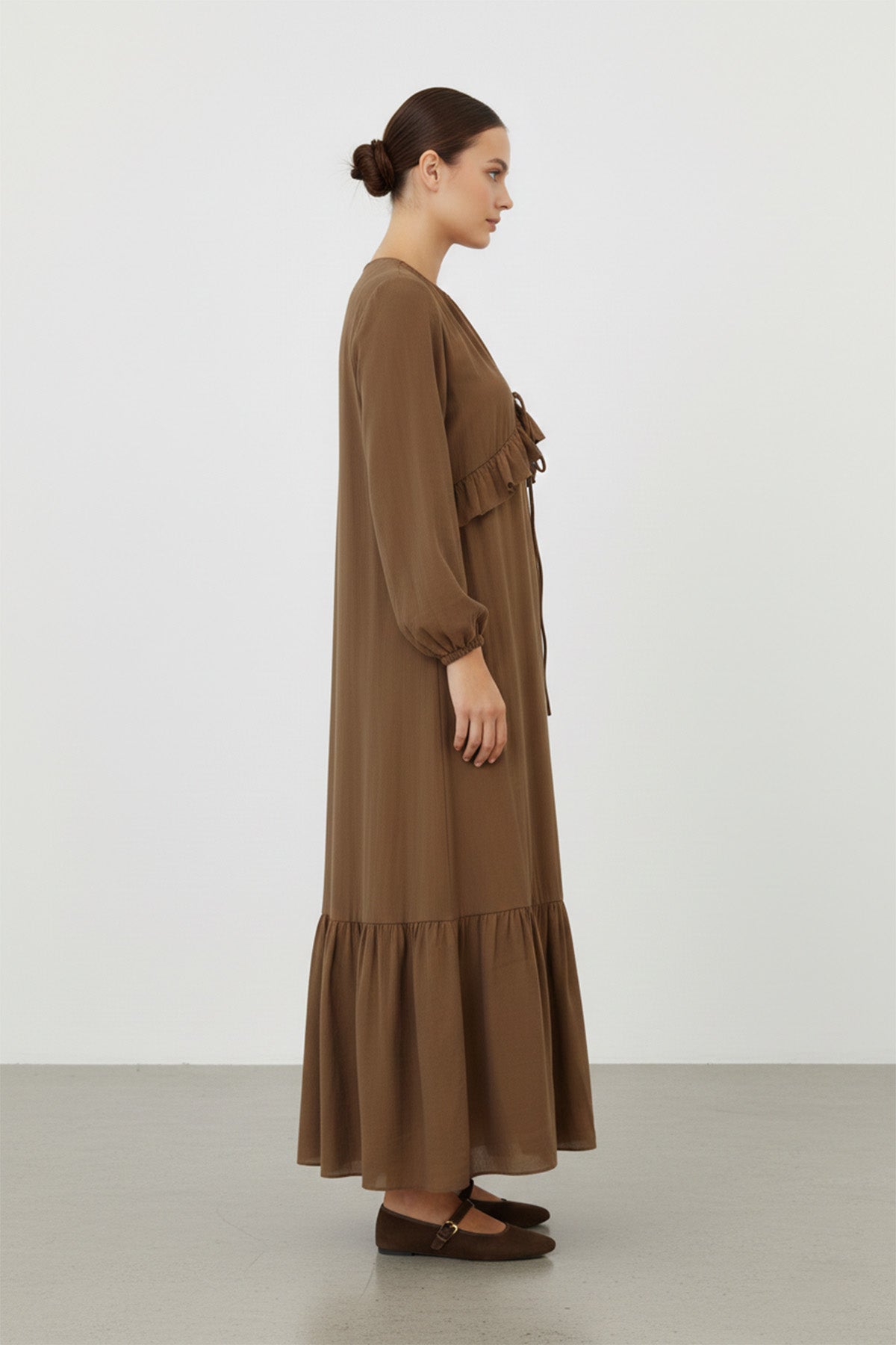 Kadın Uzun Kollu Fırfır Detaylı Salaş Elbise - 12638ELB