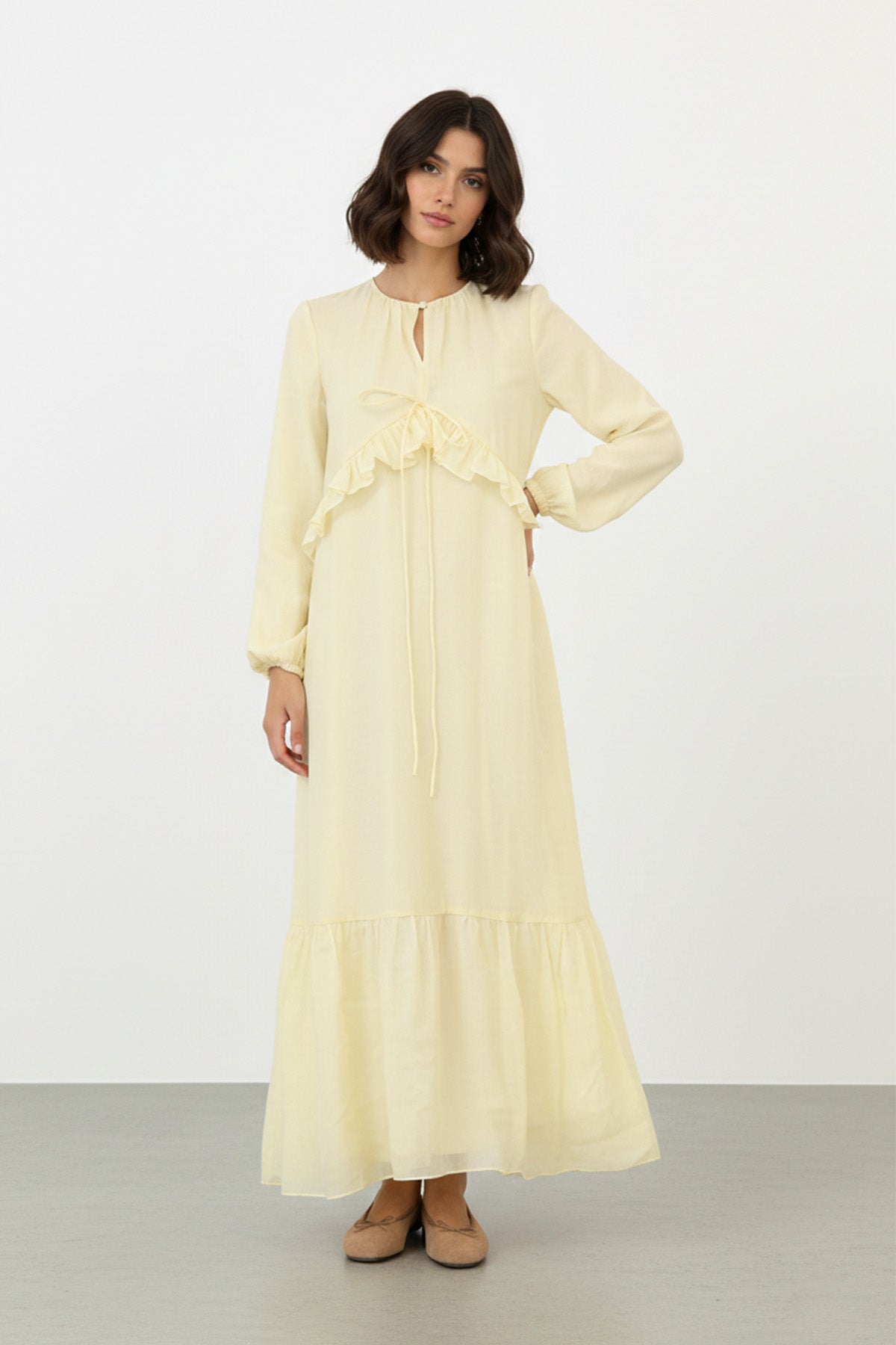 Kadın Uzun Kollu Fırfır Detaylı Salaş Elbise - 12638ELB