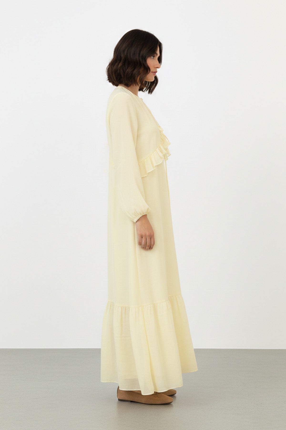 Kadın Uzun Kollu Fırfır Detaylı Salaş Elbise - 12638ELB