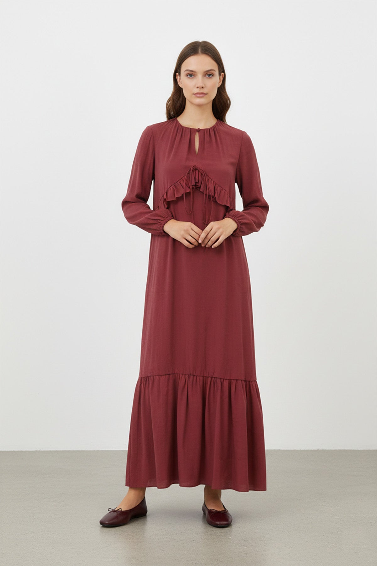 Kadın Uzun Kollu Fırfır Detaylı Salaş Elbise - 12638ELB