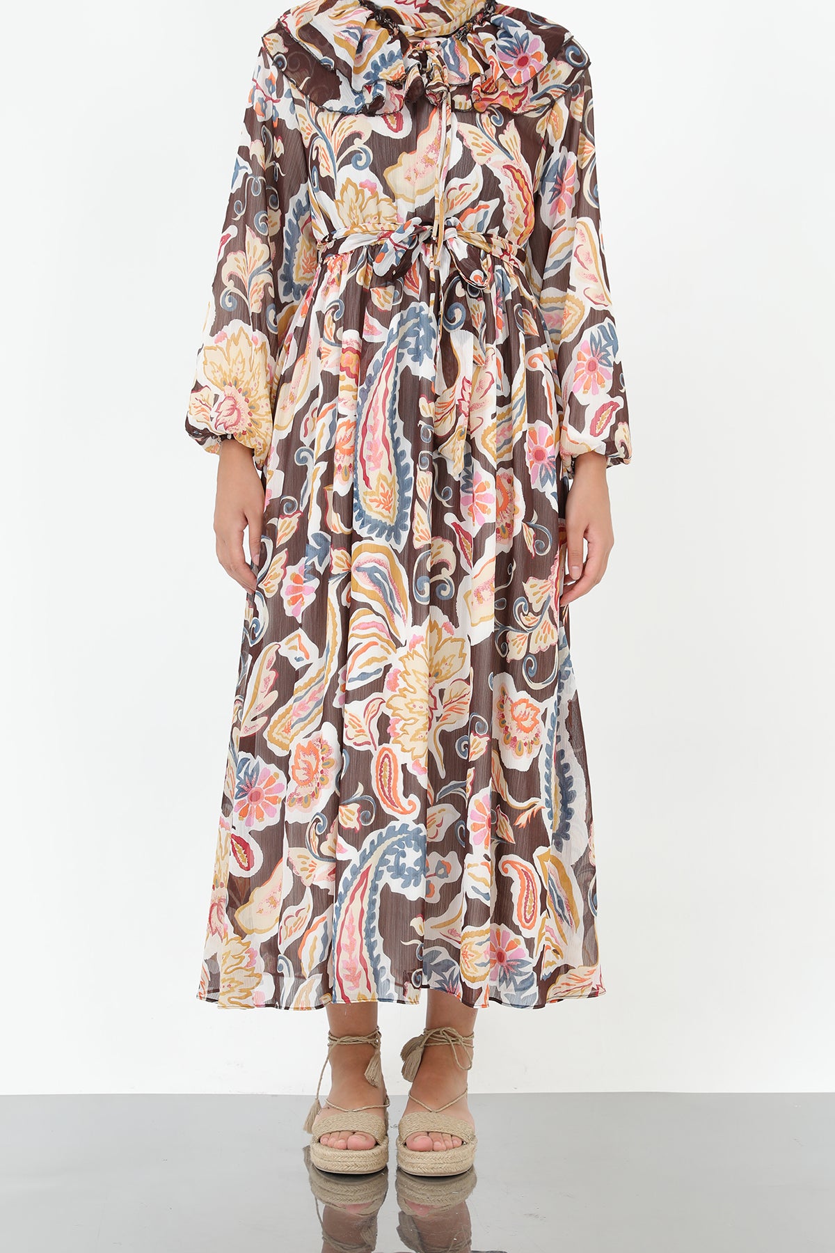 Kadın Yakası Pile Detaylı Kuşaklı Elbise - 12518ELB