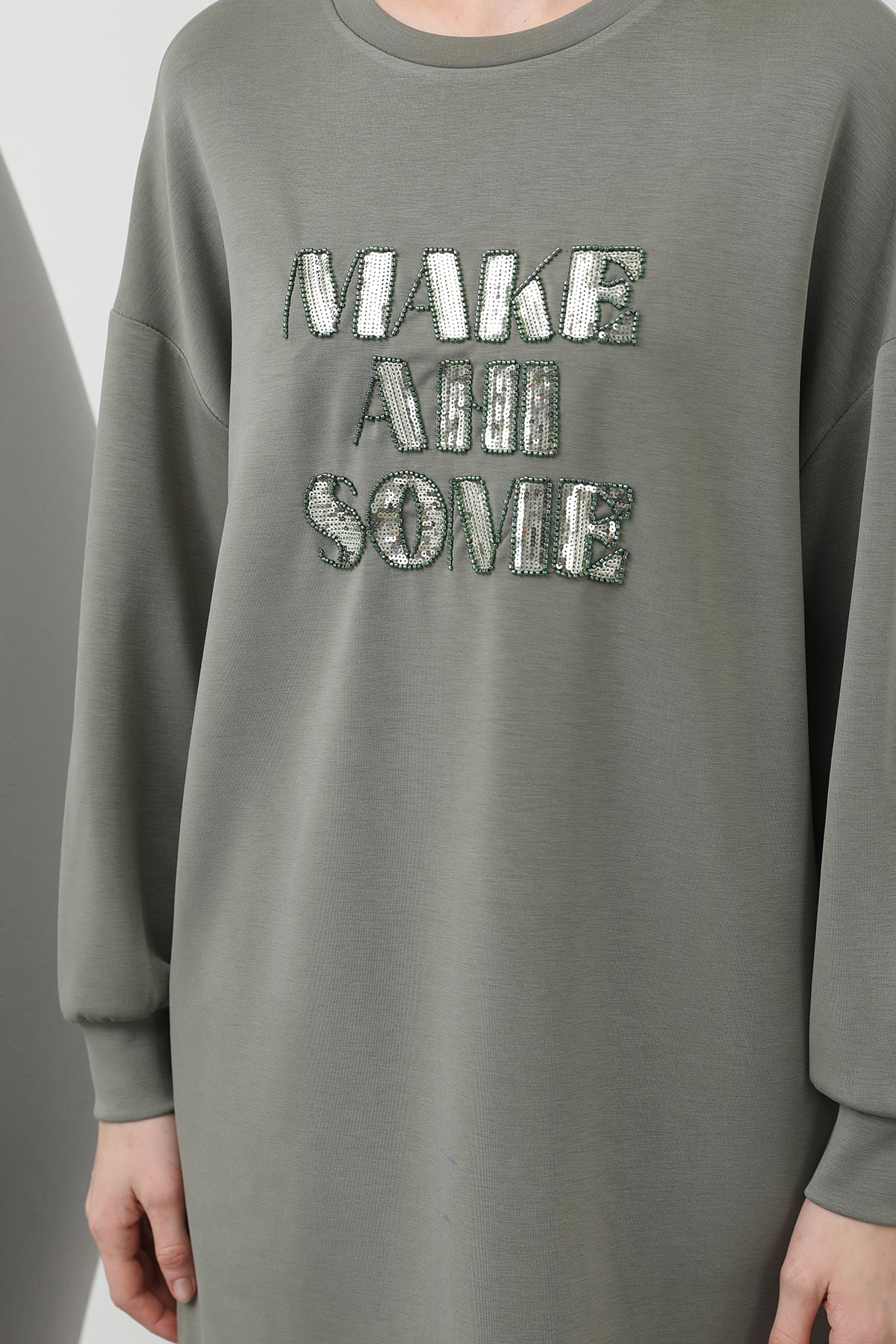 Kadın Önü Taş Ve Pul İşleme Yazılı Ve Pantolonlu Takım - 14300TKS