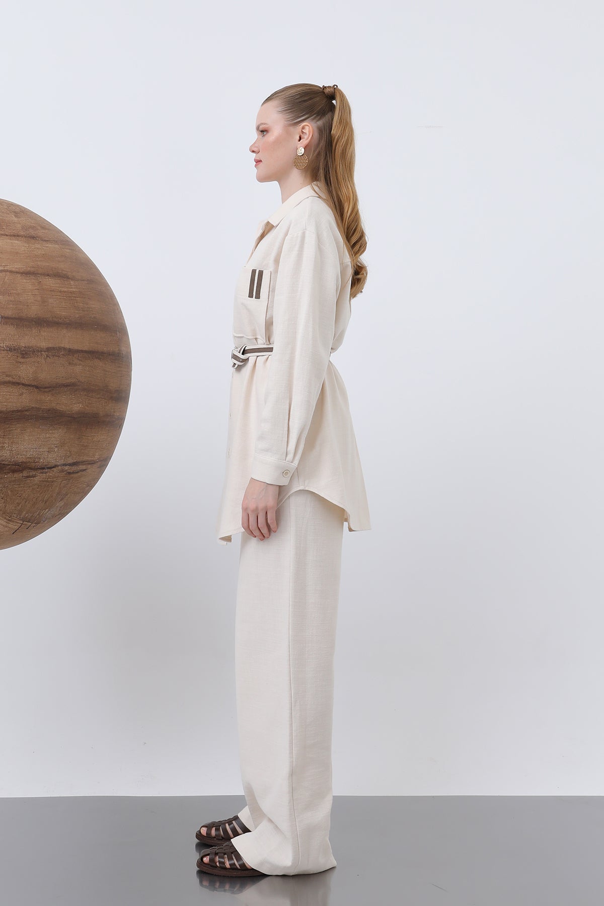 Kadın Kemer Detaylı  Pantolonlu Keten  Takım - 14313TKS