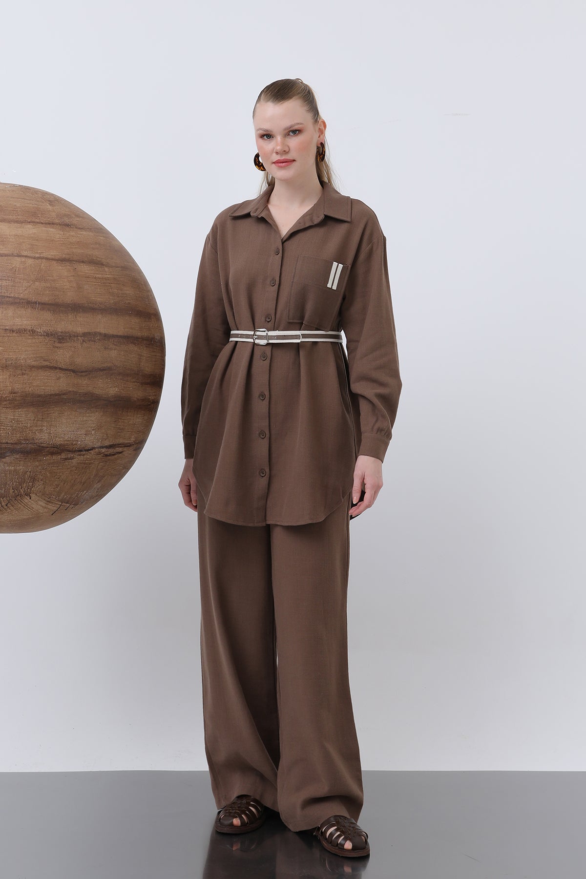 Kadın Kemer Detaylı  Pantolonlu Keten  Takım - 14313TKS