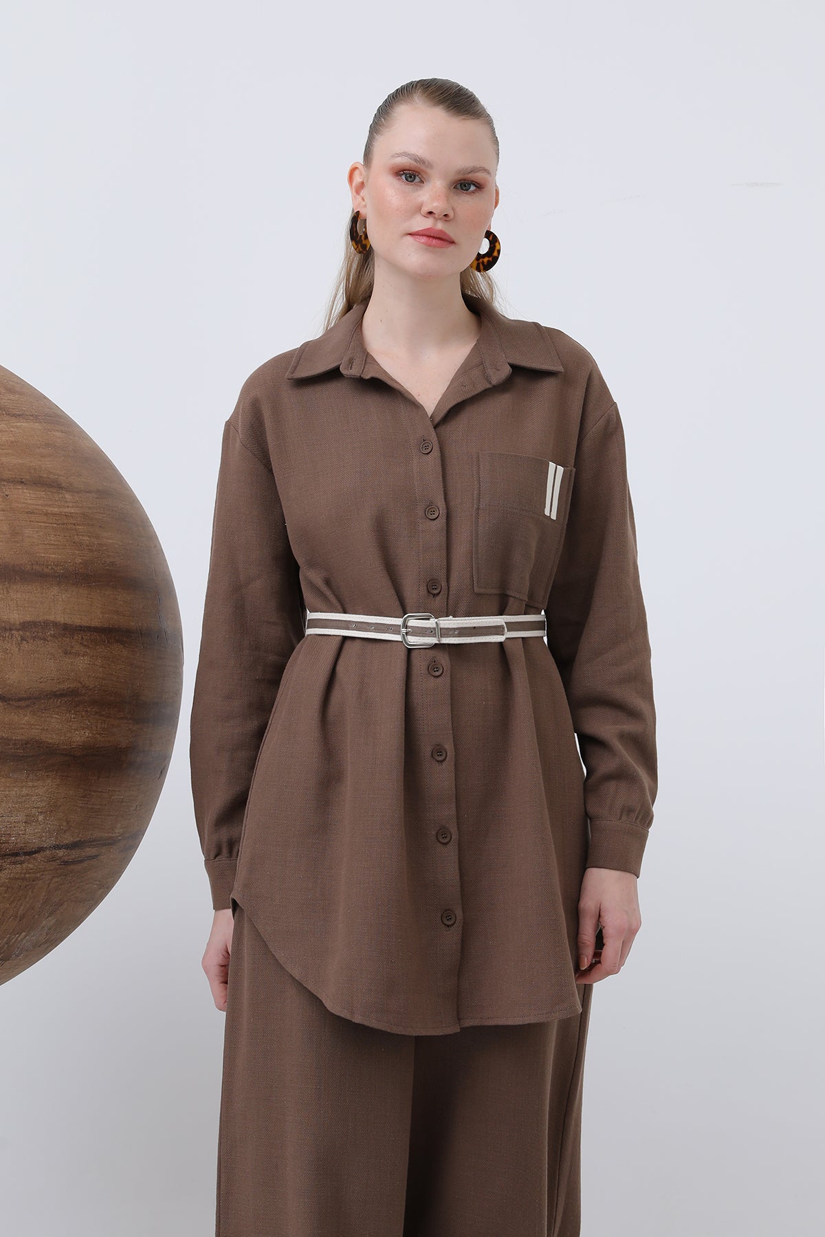 Kadın Kemer Detaylı  Pantolonlu Keten  Takım - 14313TKS