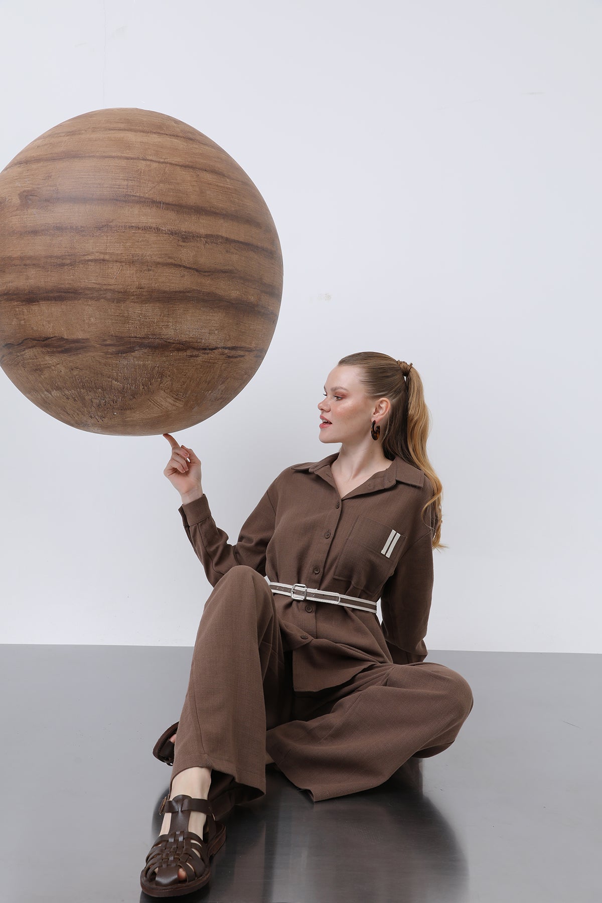 Kadın Kemer Detaylı  Pantolonlu Keten  Takım - 14313TKS