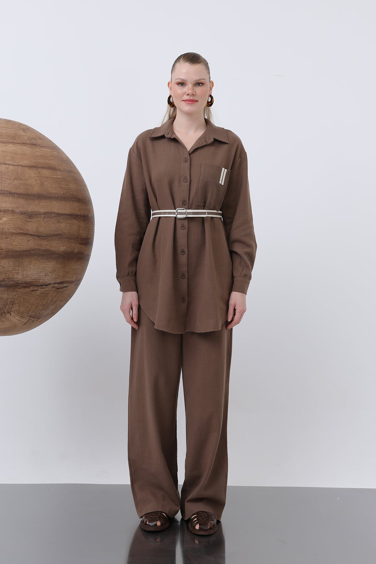 Kadın Kemer Detaylı  Pantolonlu Keten  Takım - 14313TKS