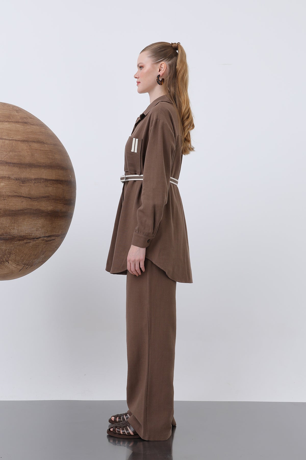 Kadın Kemer Detaylı  Pantolonlu Keten  Takım - 14313TKS