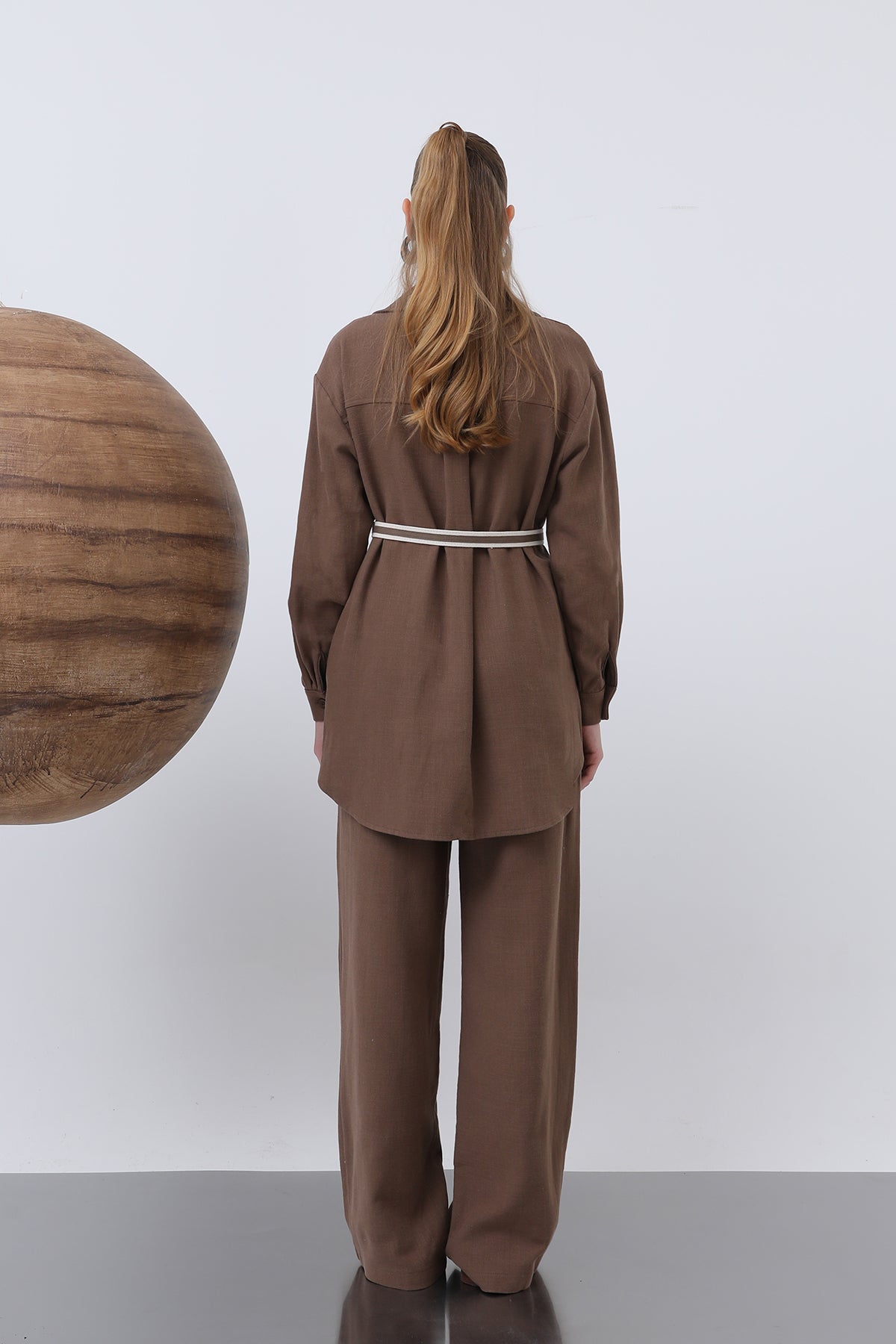 Kadın Kemer Detaylı  Pantolonlu Keten  Takım - 14313TKS
