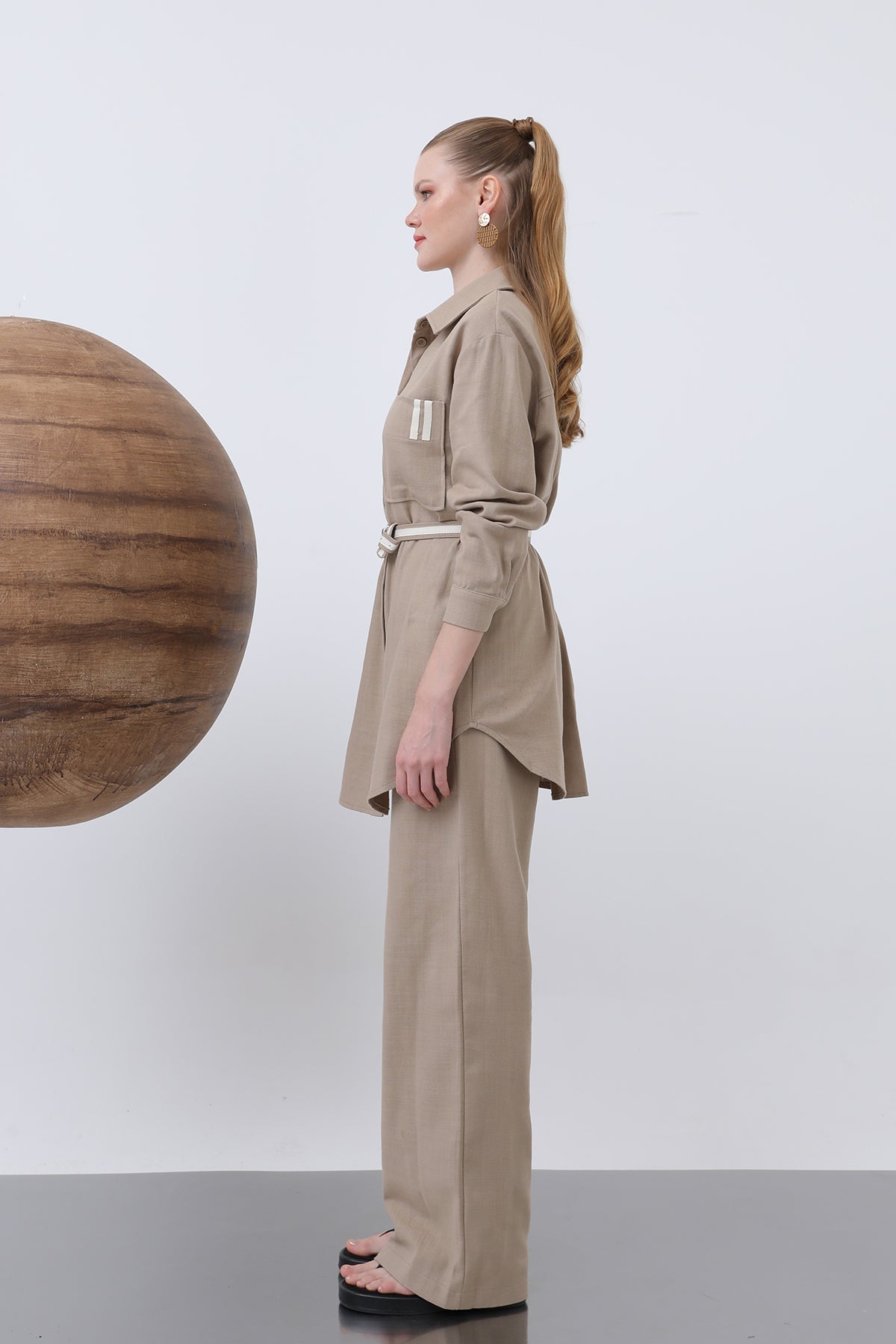 Kadın Kemer Detaylı  Pantolonlu Keten  Takım - 14313TKS