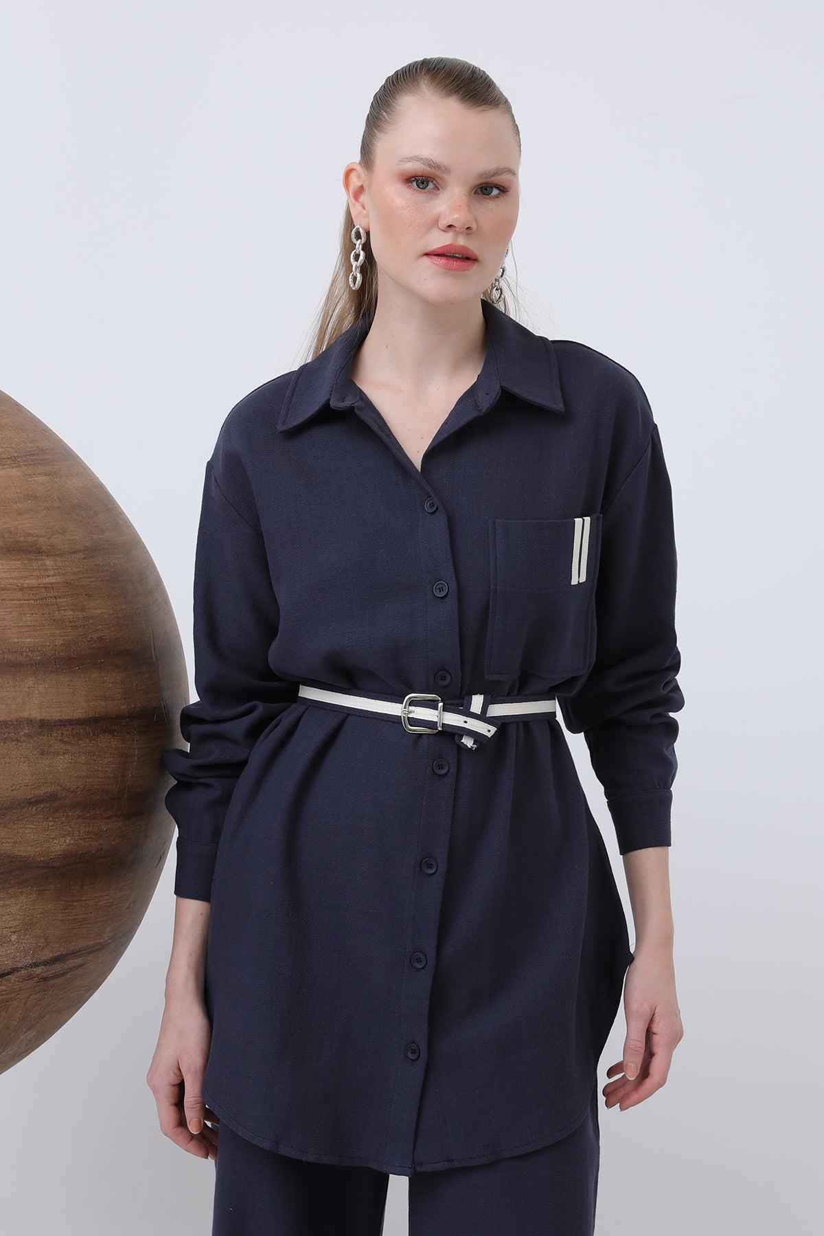 Kadın Kemer Detaylı  Pantolonlu Keten  Takım - 14313TKS