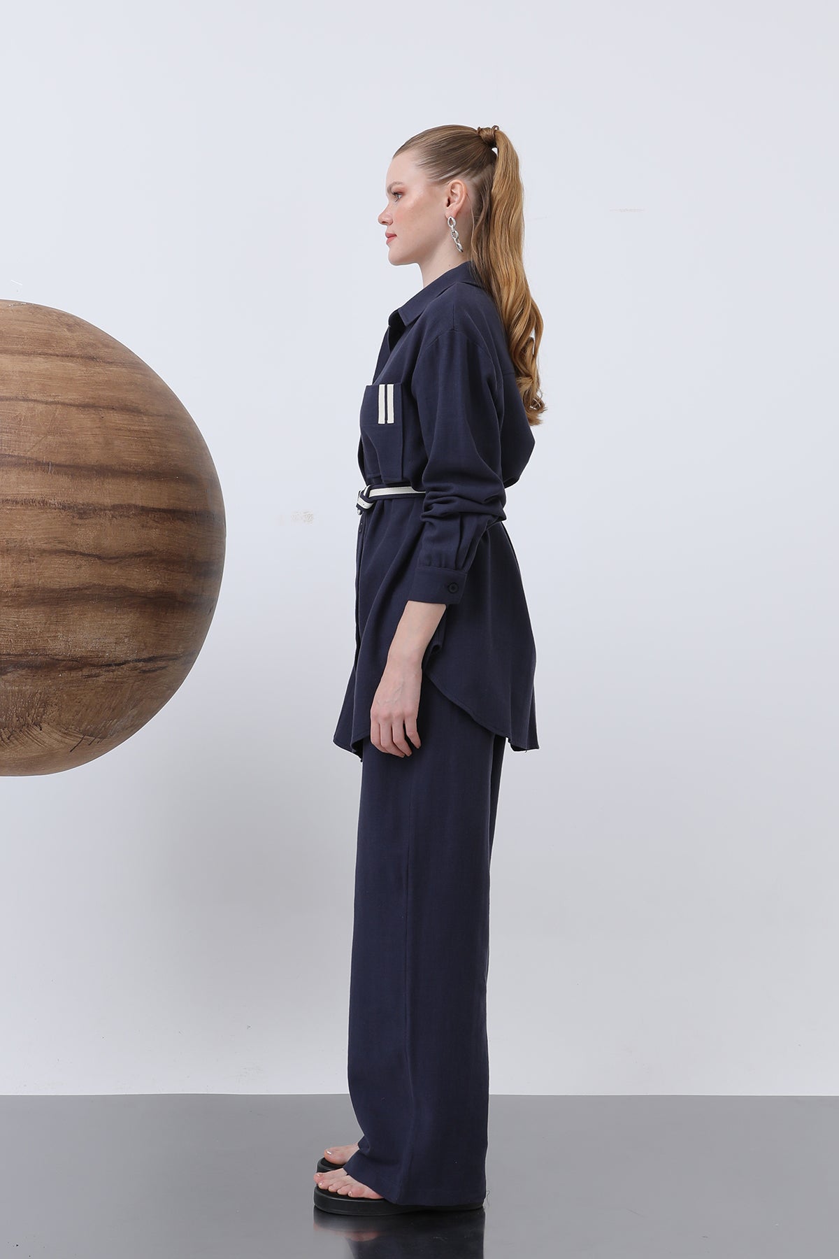 Kadın Kemer Detaylı  Pantolonlu Keten  Takım - 14313TKS