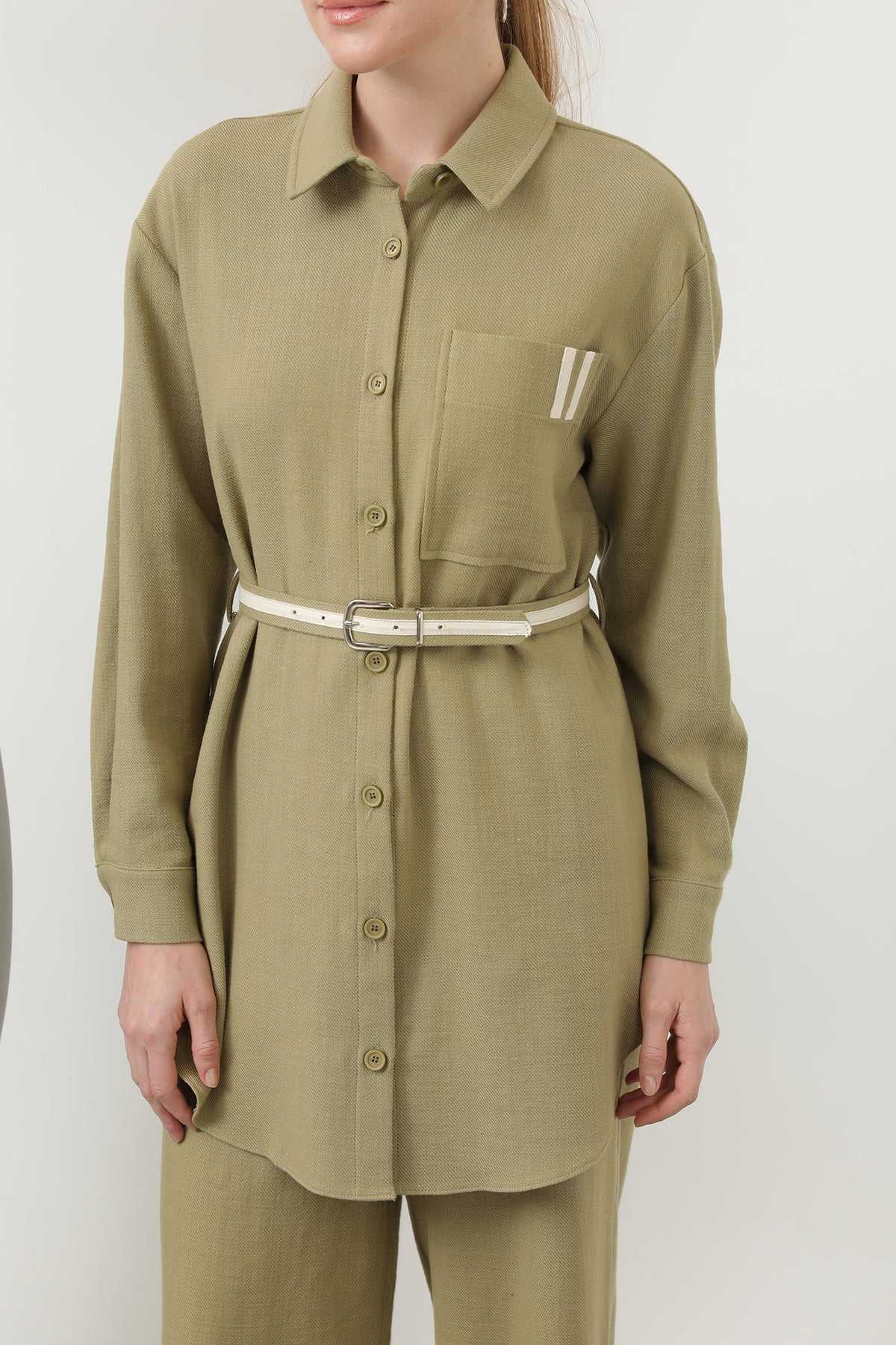 Kadın Kemer Detaylı  Pantolonlu Keten  Takım - 14313TKS