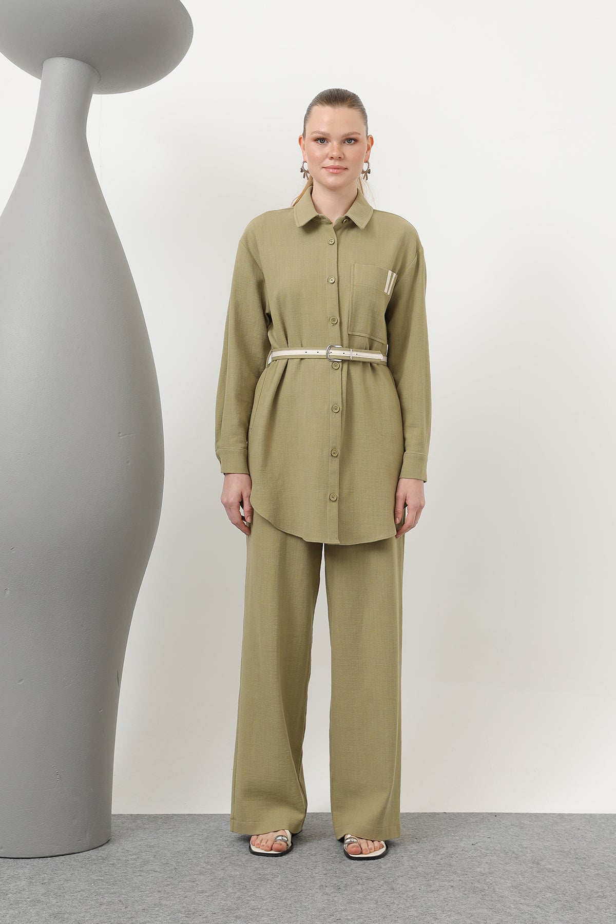 Kadın Kemer Detaylı  Pantolonlu Keten  Takım - 14313TKS