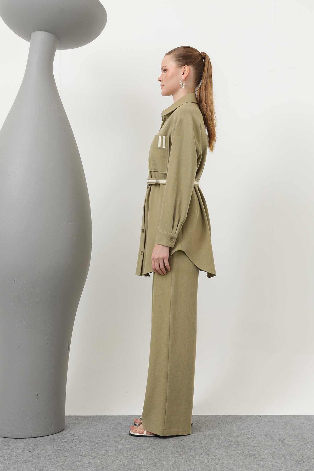 Kadın Kemer Detaylı  Pantolonlu Keten  Takım - 14313TKS