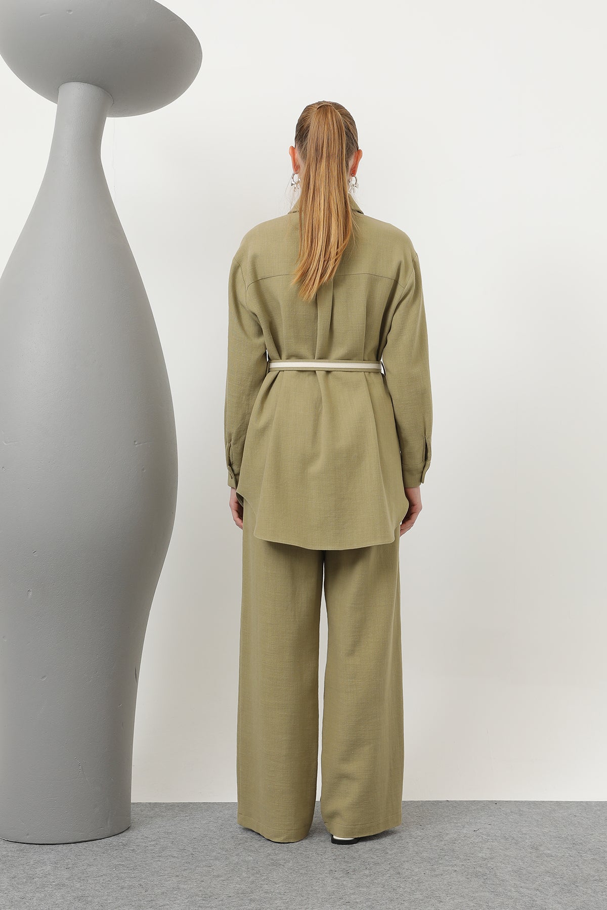 Kadın Kemer Detaylı  Pantolonlu Keten  Takım - 14313TKS