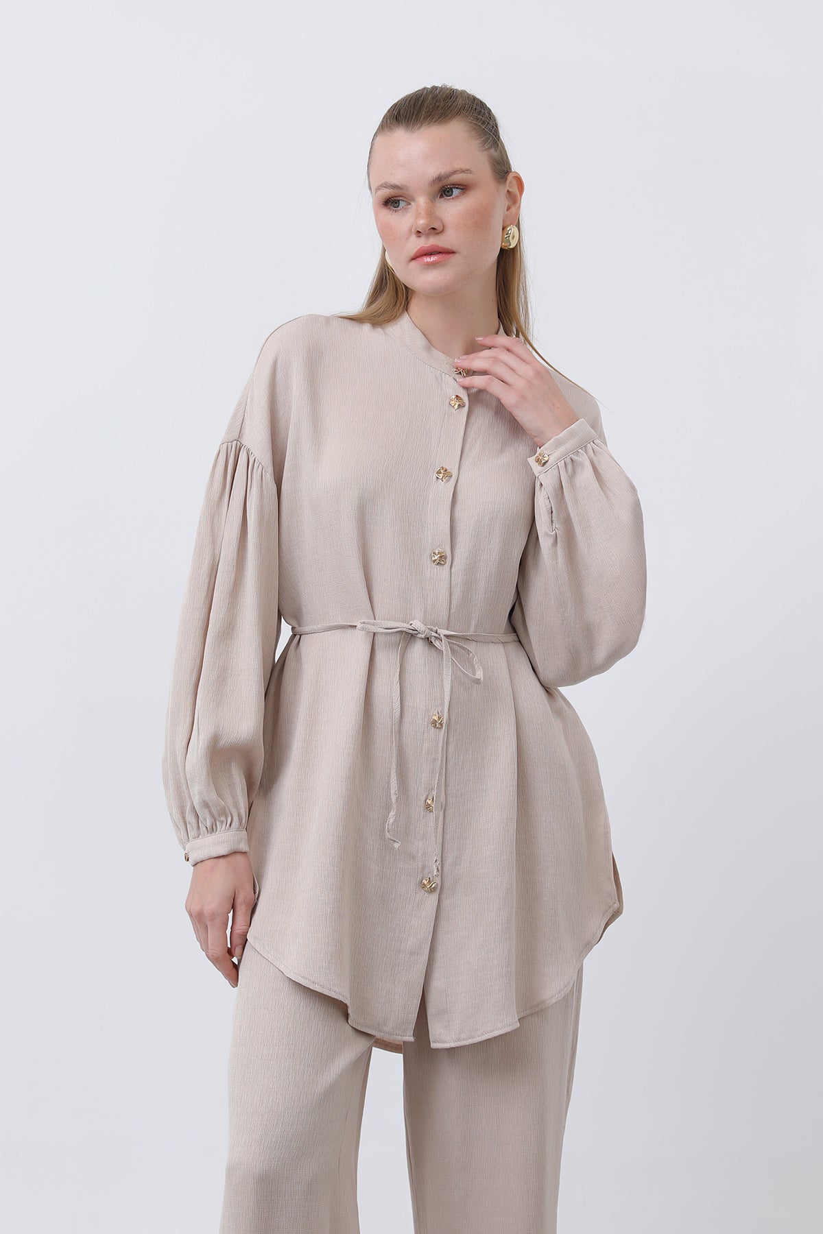 Kadın Düğme Detaylı Hakim Yaka Tunik Takım - 14329TKS