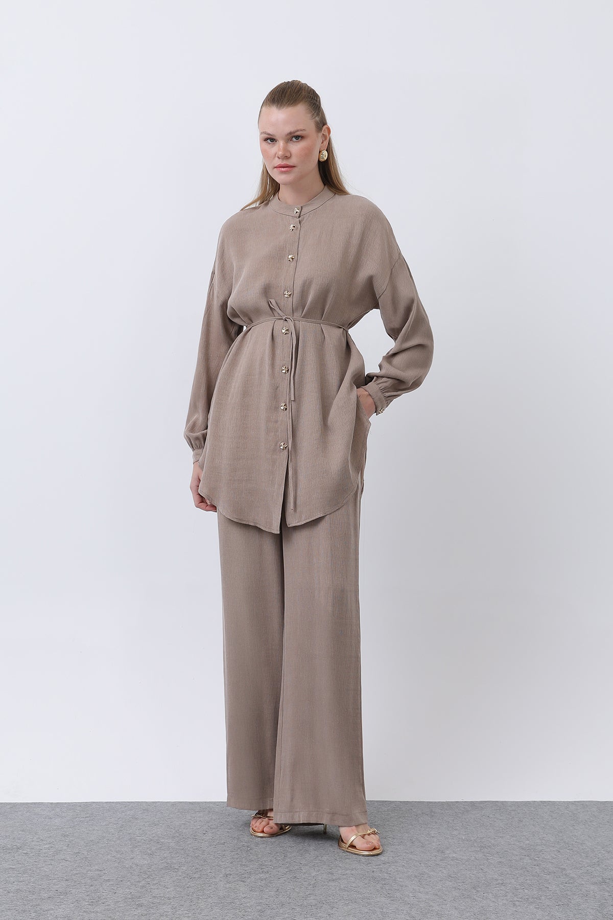 Kadın Düğme Detaylı Hakim Yaka Tunik Takım - 14329TKS