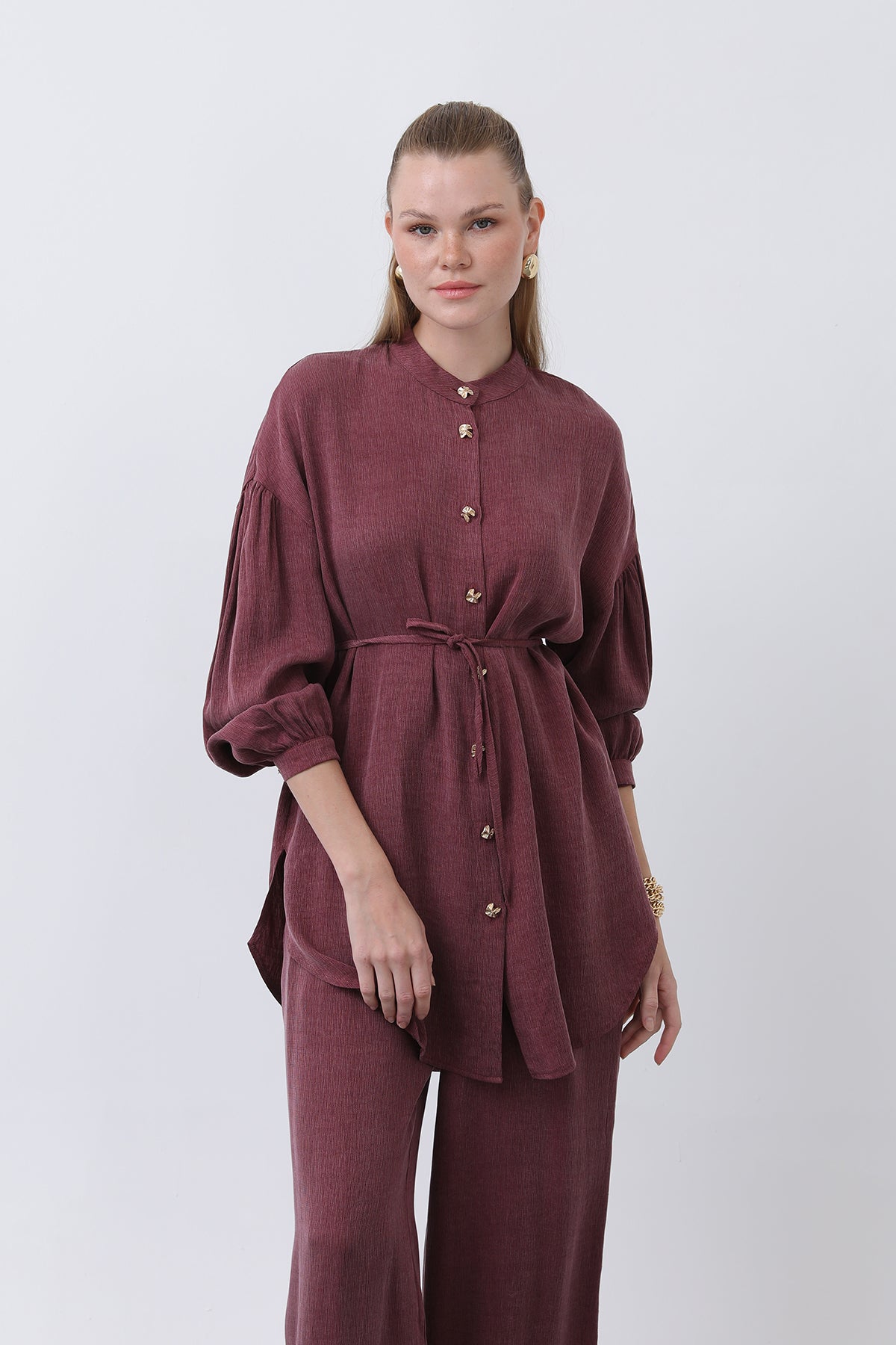 Kadın Düğme Detaylı Hakim Yaka Tunik Takım - 14329TKS