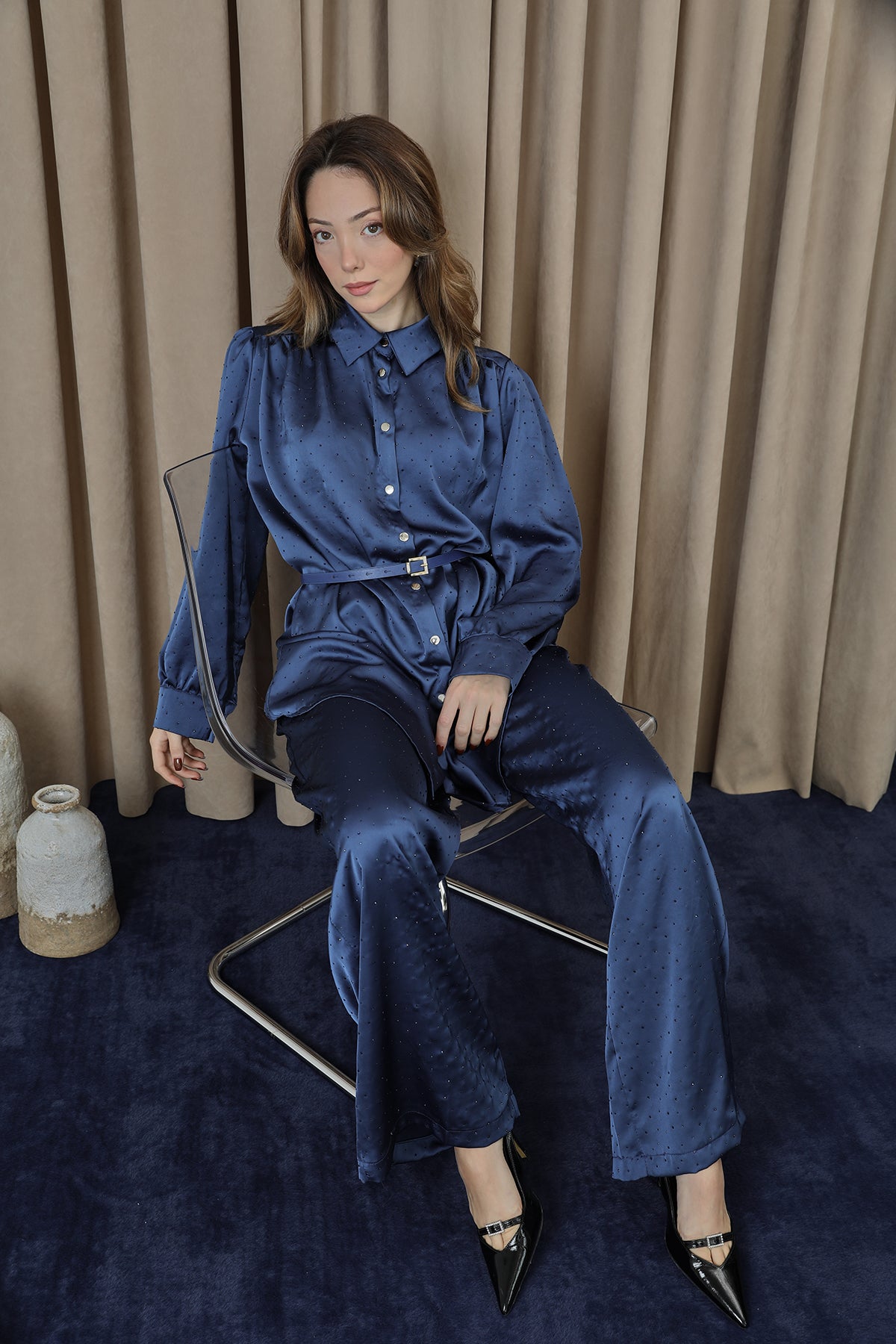 Kadın Beli Kemerli Ve Taş Detaylı Tunik Pantolon Takım - 14338TKS