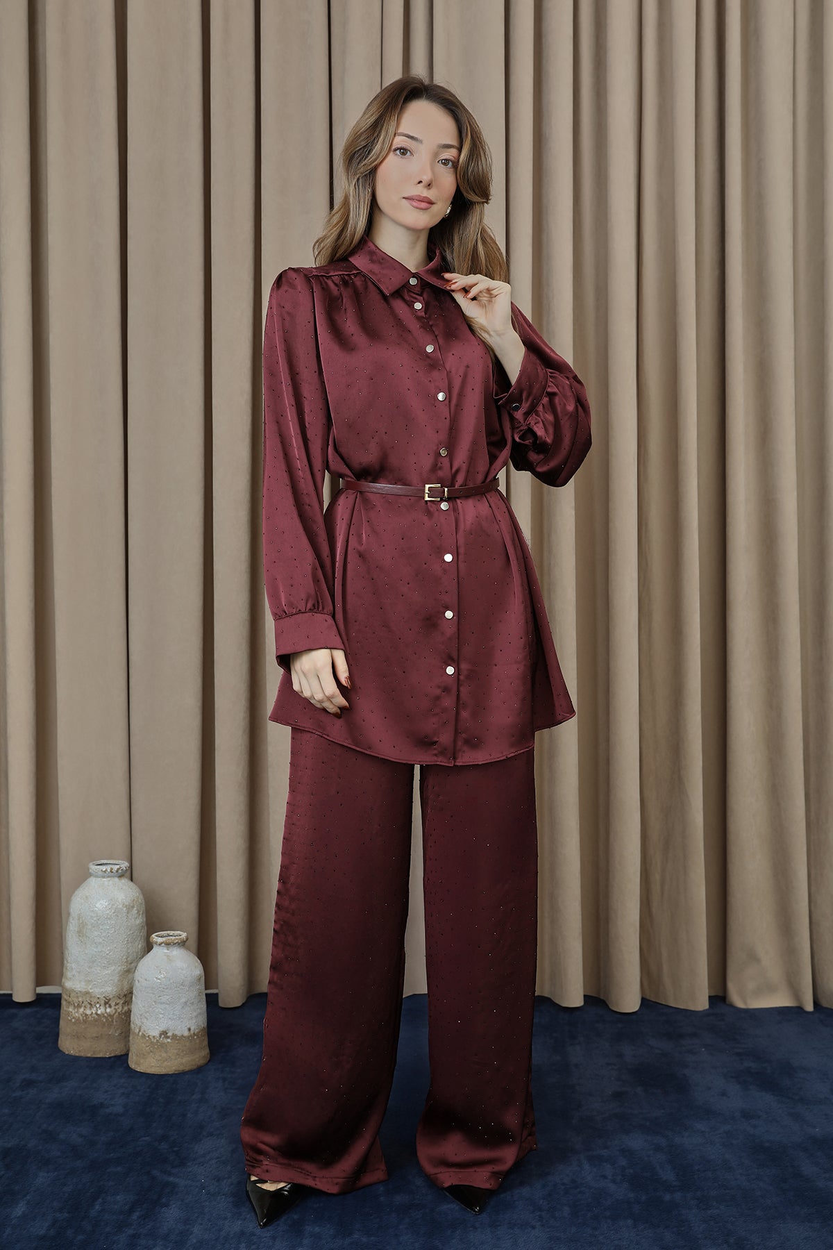 Kadın Beli Kemerli Ve Taş Detaylı Tunik Pantolon Takım - 14338TKS