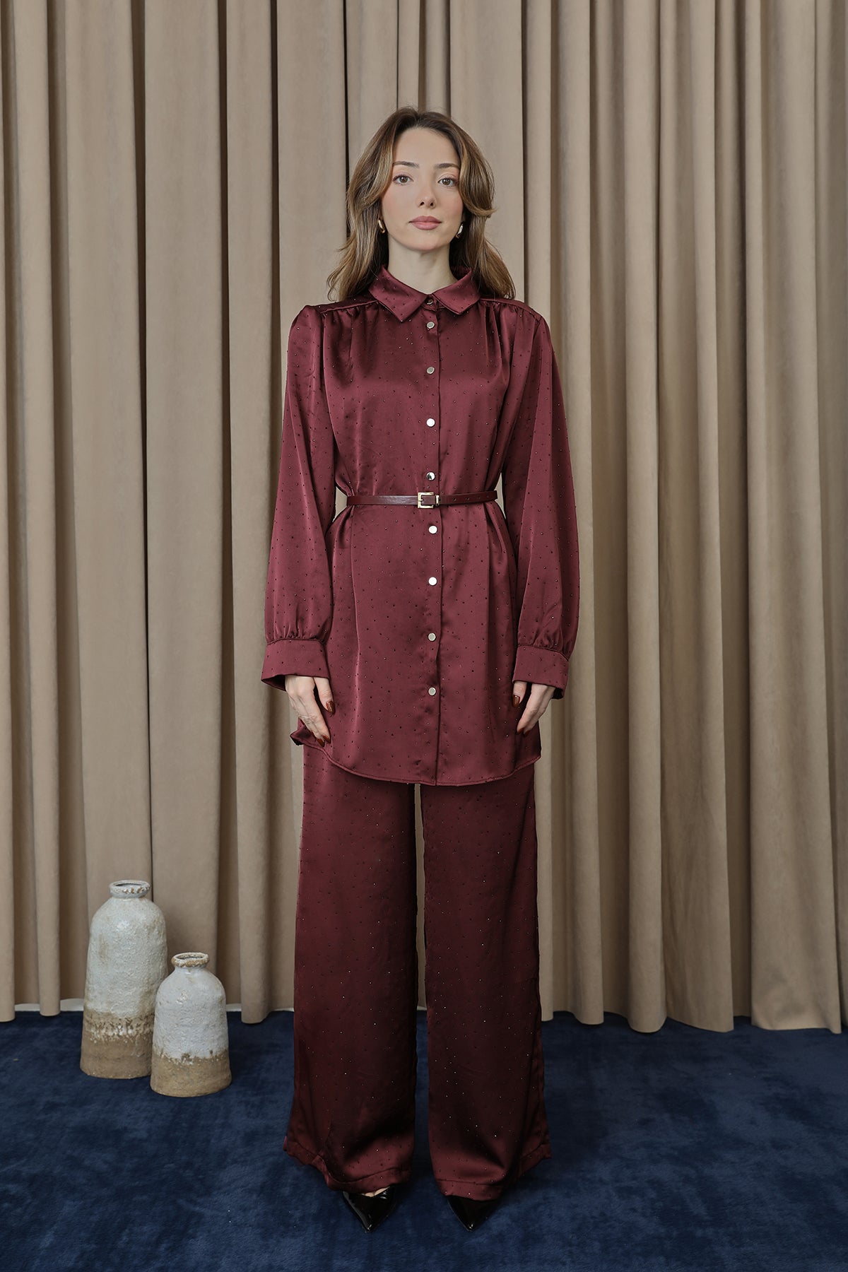 Kadın Beli Kemerli Ve Taş Detaylı Tunik Pantolon Takım - 14338TKS