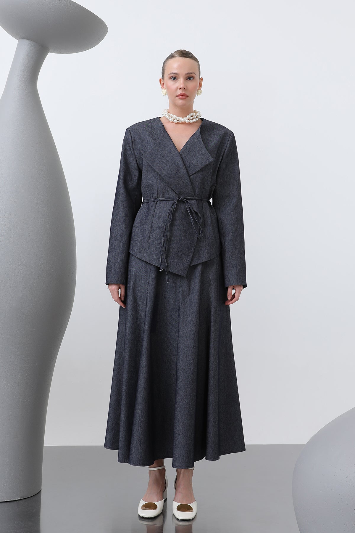 Kadın Omuzu Vaktalı Kuşak Detaylı Etekli Takım - 14376TKS