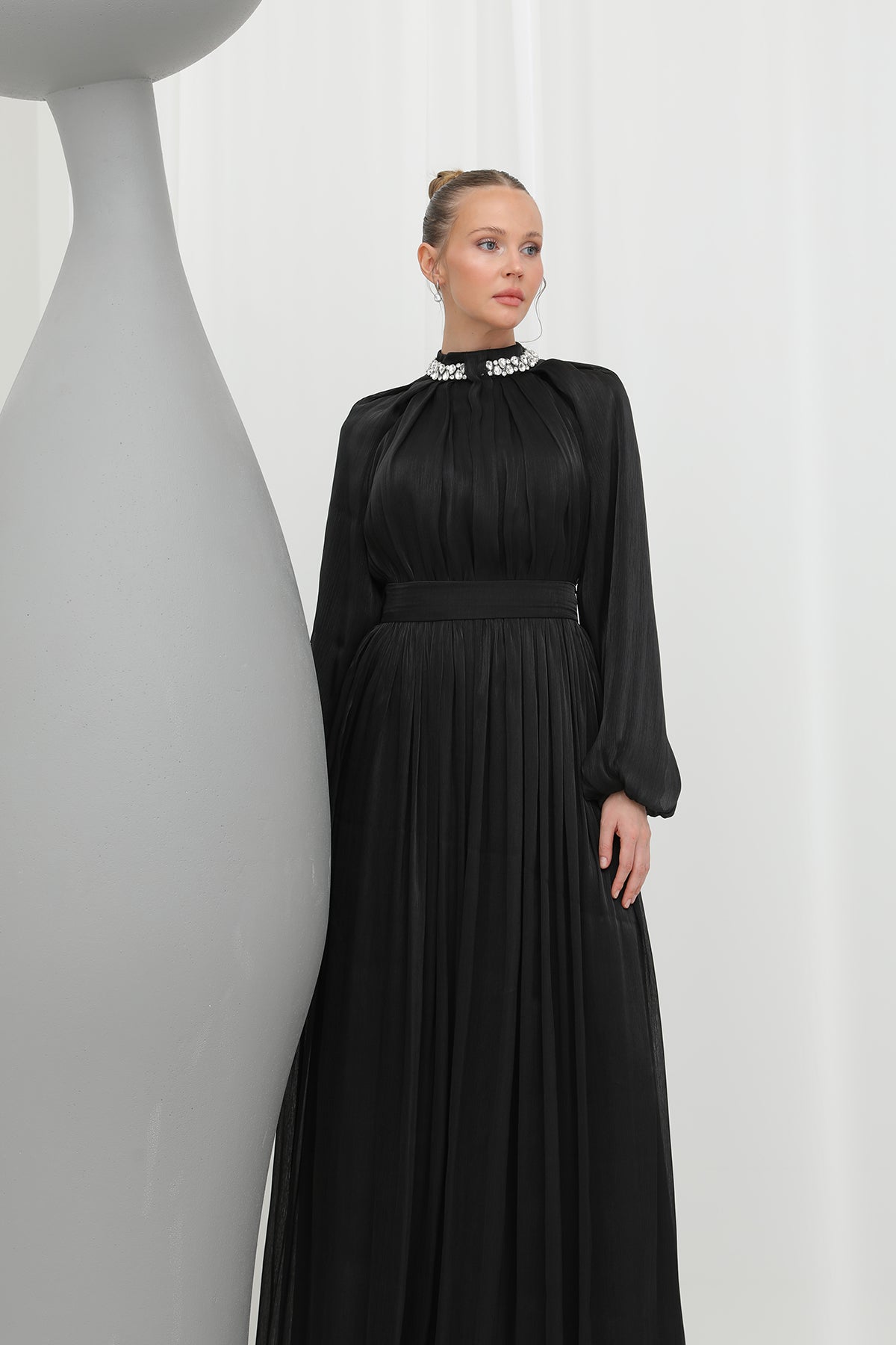 Kadın  Taş Detaylı Şifon Abiye Elbise -17001ELB