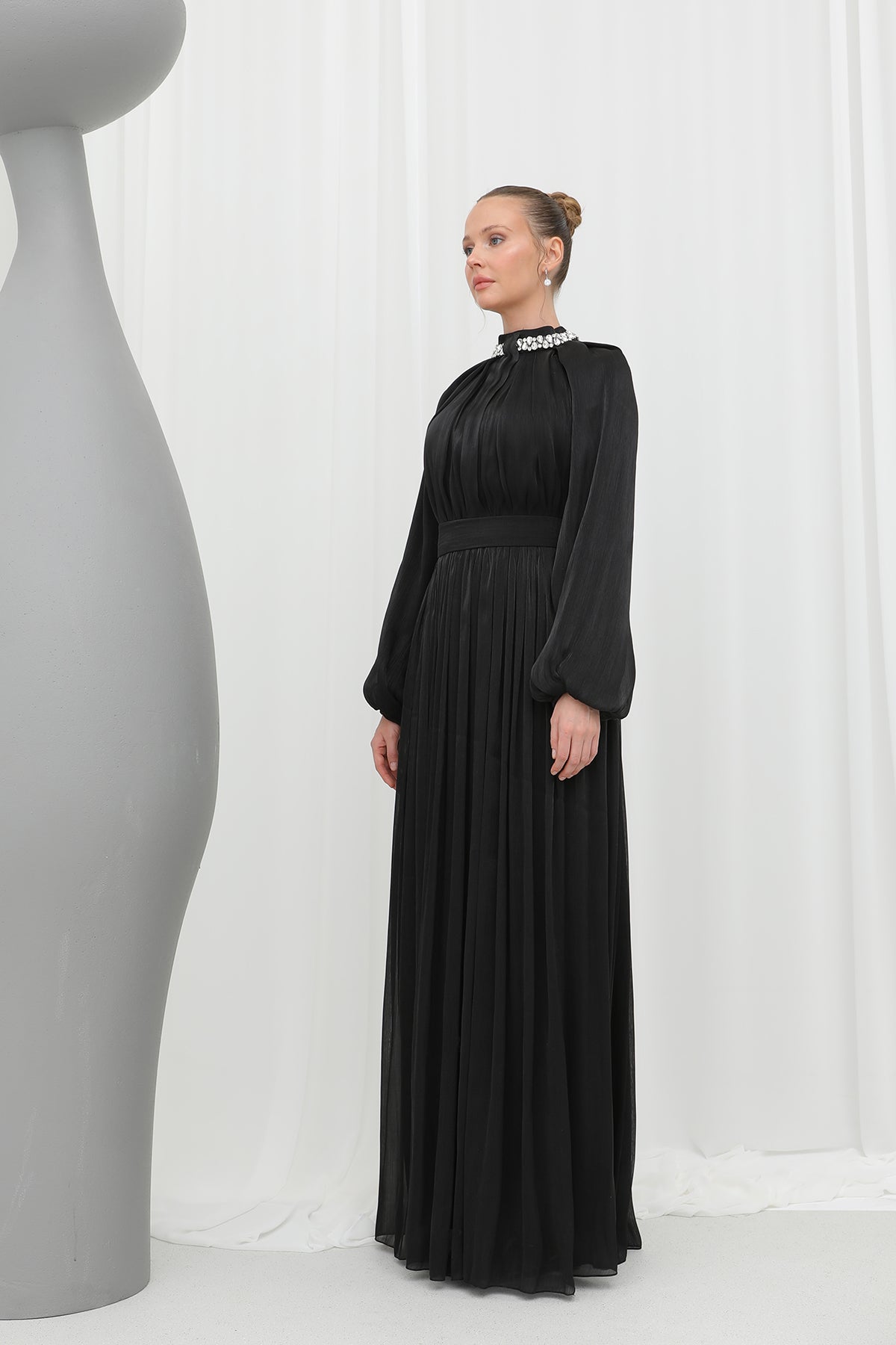 Kadın  Taş Detaylı Şifon Abiye Elbise -17001ELB