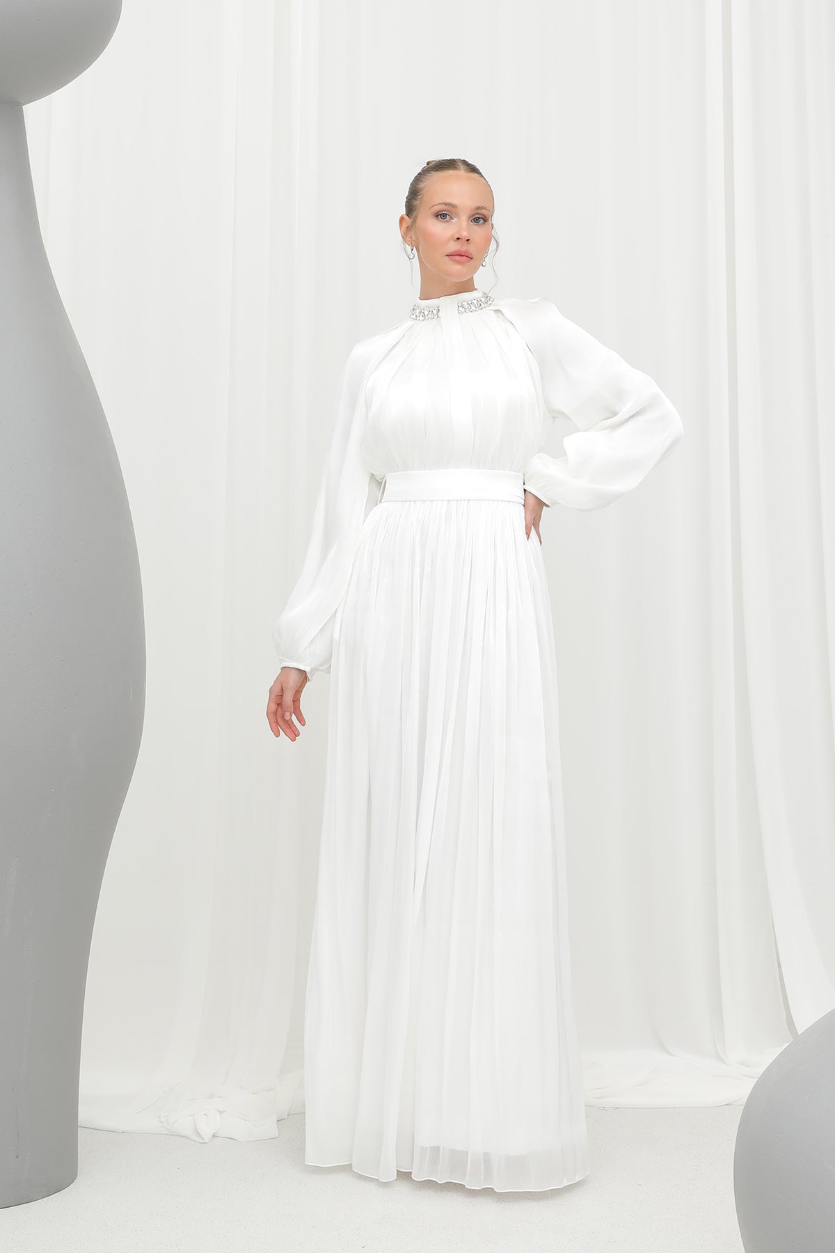 Kadın  Taş Detaylı Şifon Abiye Elbise -17001ELB