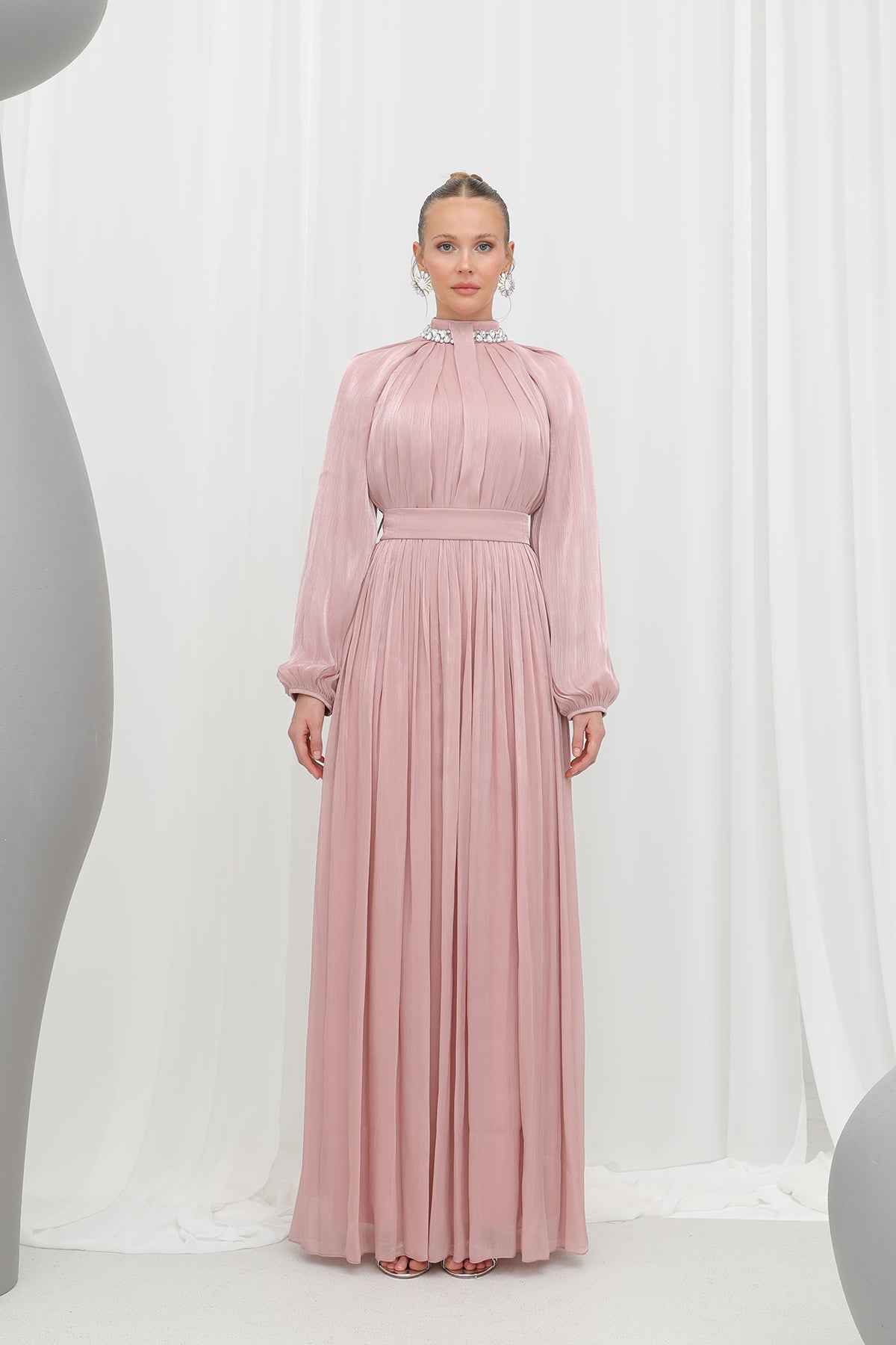 Kadın  Taş Detaylı Şifon Abiye Elbise -17001ELB